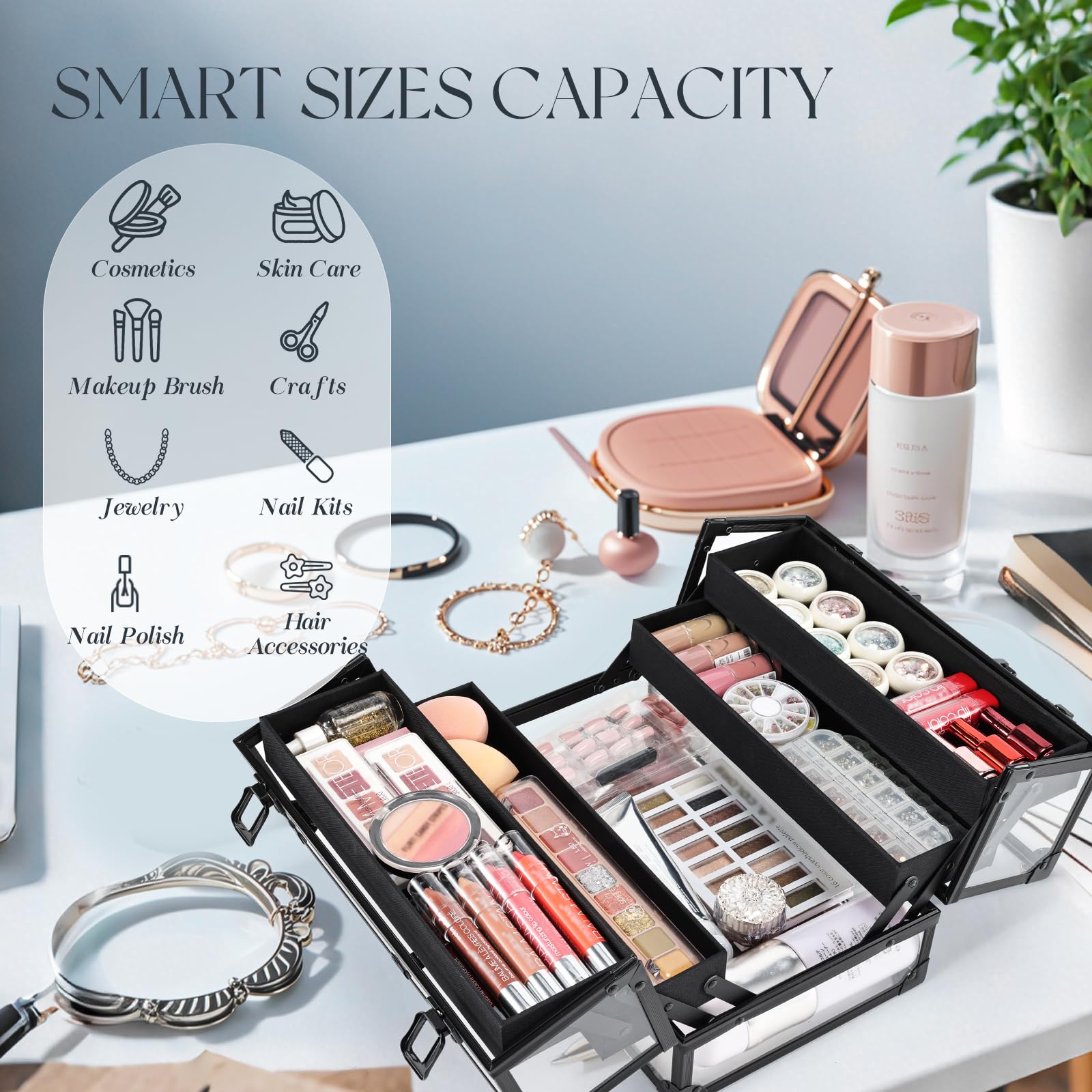 FRENESSA 11.8 Inch Professional Makeup Train Case - Acrylic Cosmetic Organizer with 4 Trays | Portable Makeup Storage Box for Makeup Artists, Stylists & Travel | Black Beauty Display Case for Salon, Home & Professional Use
