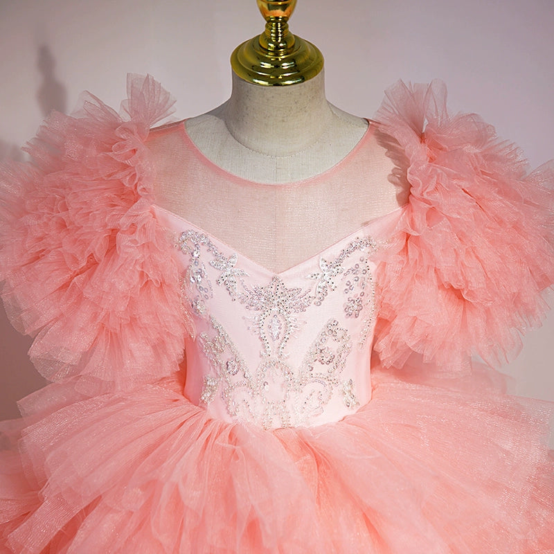 Pink Princess Round Floor Length Satin Flower Girl Dress for Weddings, Birthday Parties & Special Occasions