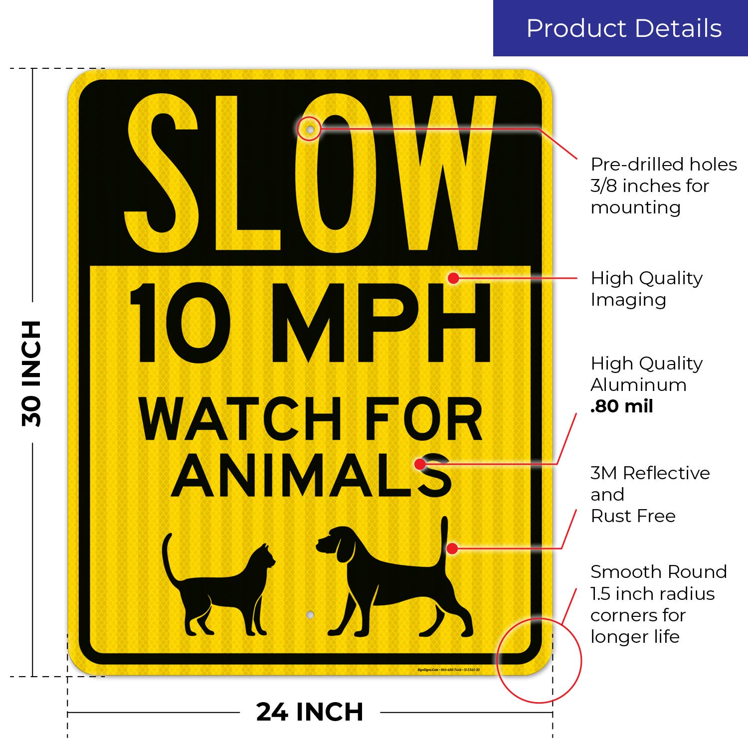 Slow 10 MPH Watch for Animals Sign - 24x30 Inches Reflective Traffic Sign - 3M EGP .080 Aluminum - Fade Resistant - Indoor/Outdoor Use - Made in USA - Perfect for School Zones, Residential Areas & Wildlife Crossings
