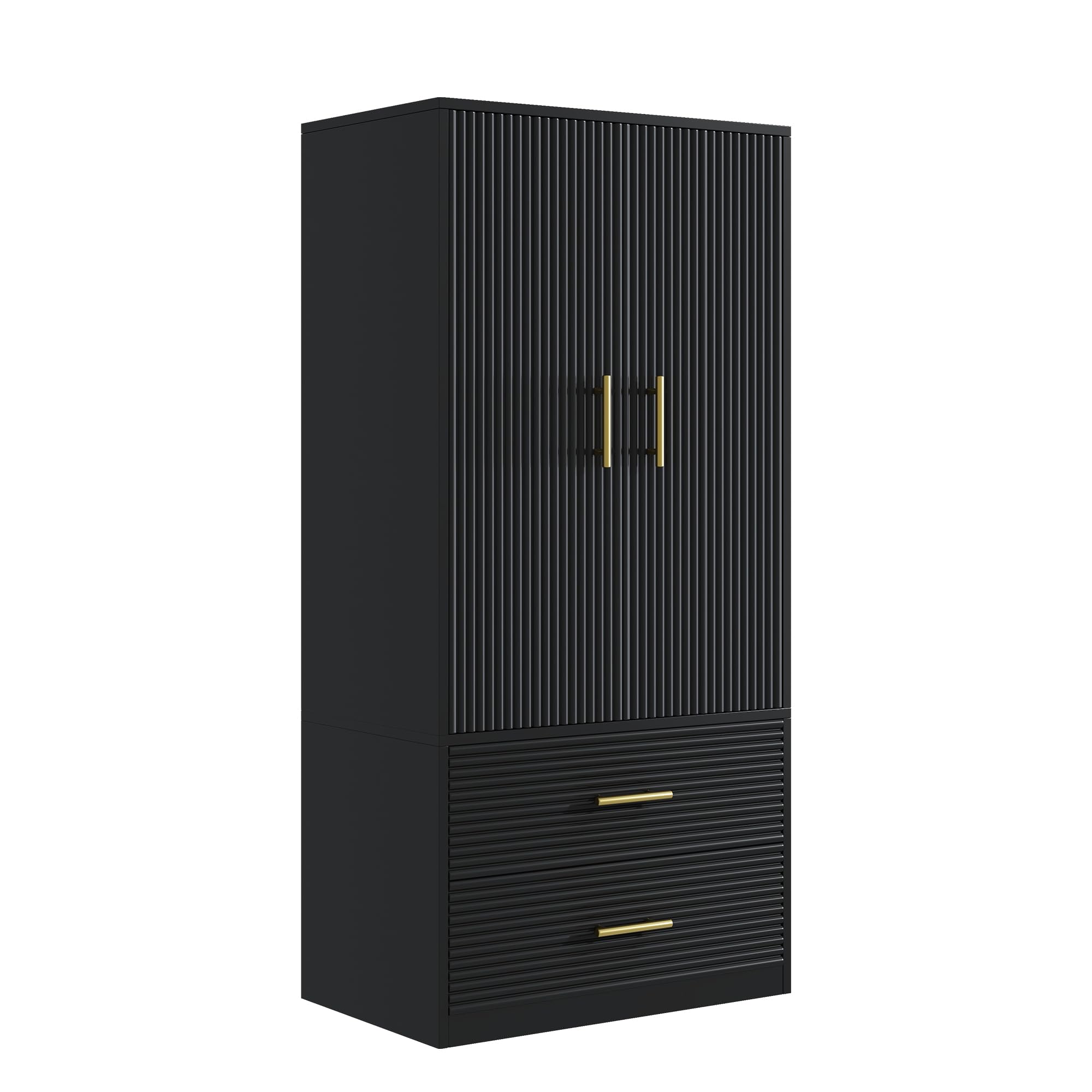 2-Door Freestanding Wardrobe Closet with Hanging Rod & 2 Drawers - Farmhouse Style Storage Cabinet for Bedroom, Black - Perfect for Small Spaces, Guest Rooms & Dorm Organization