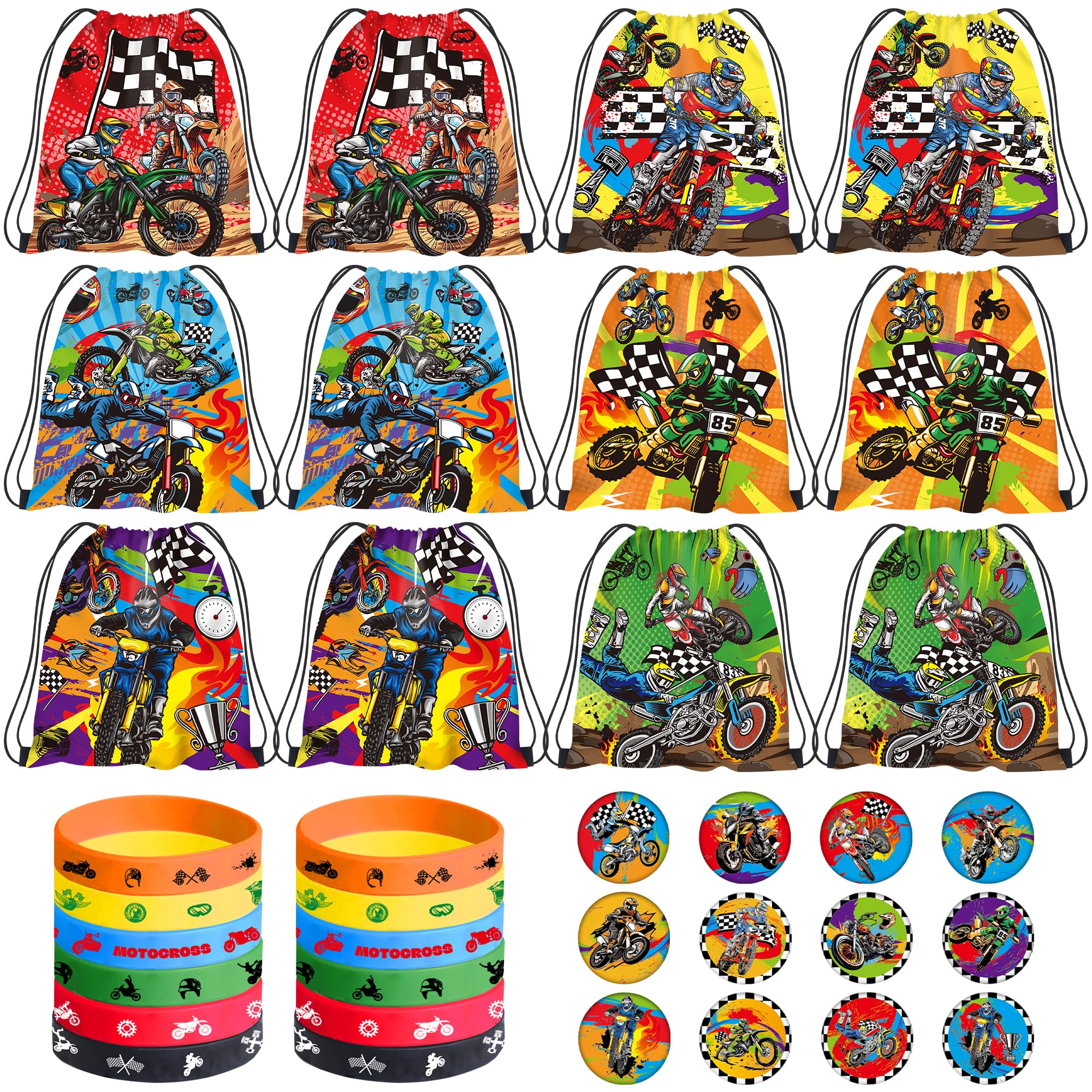 Dirt Bike Party Favor Supplies - Motorcycle Theme Motocross Drawstring Goodie Bags, Wristbands & Badges for Boys - Perfect for Kids Birthday Parties, Motocross Themed Events & Outdoor Adventure Celebrations