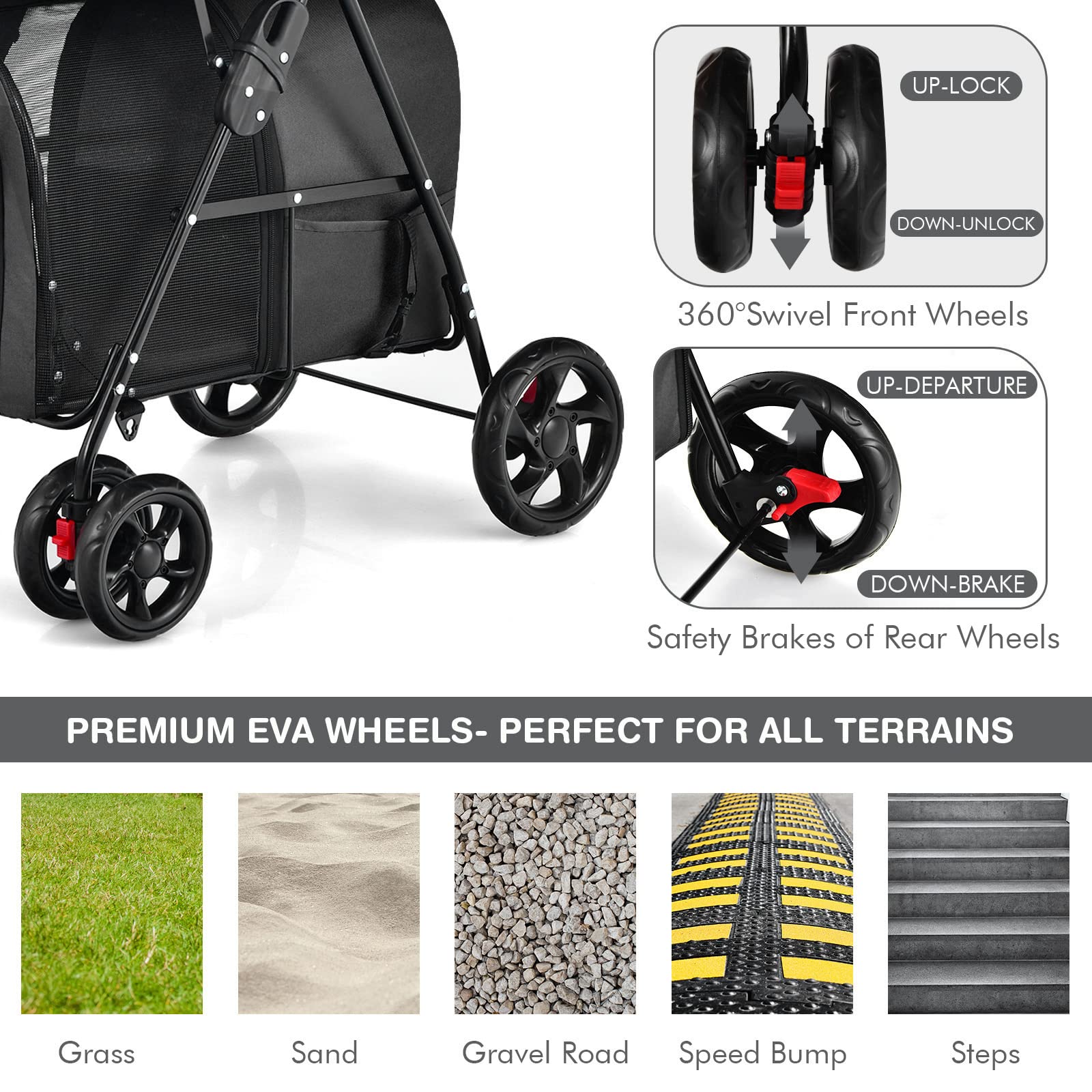 Giantex Double Pet Stroller for Small Medium Dogs & Cats - 2 Detachable Carrier Bags, Safety Belt, 4 Lockable Wheels - Folding Travel Carrier for Puppies & Kittens (Black) | Perfect for Park Walks, Vet Visits & Outdoor Adventures