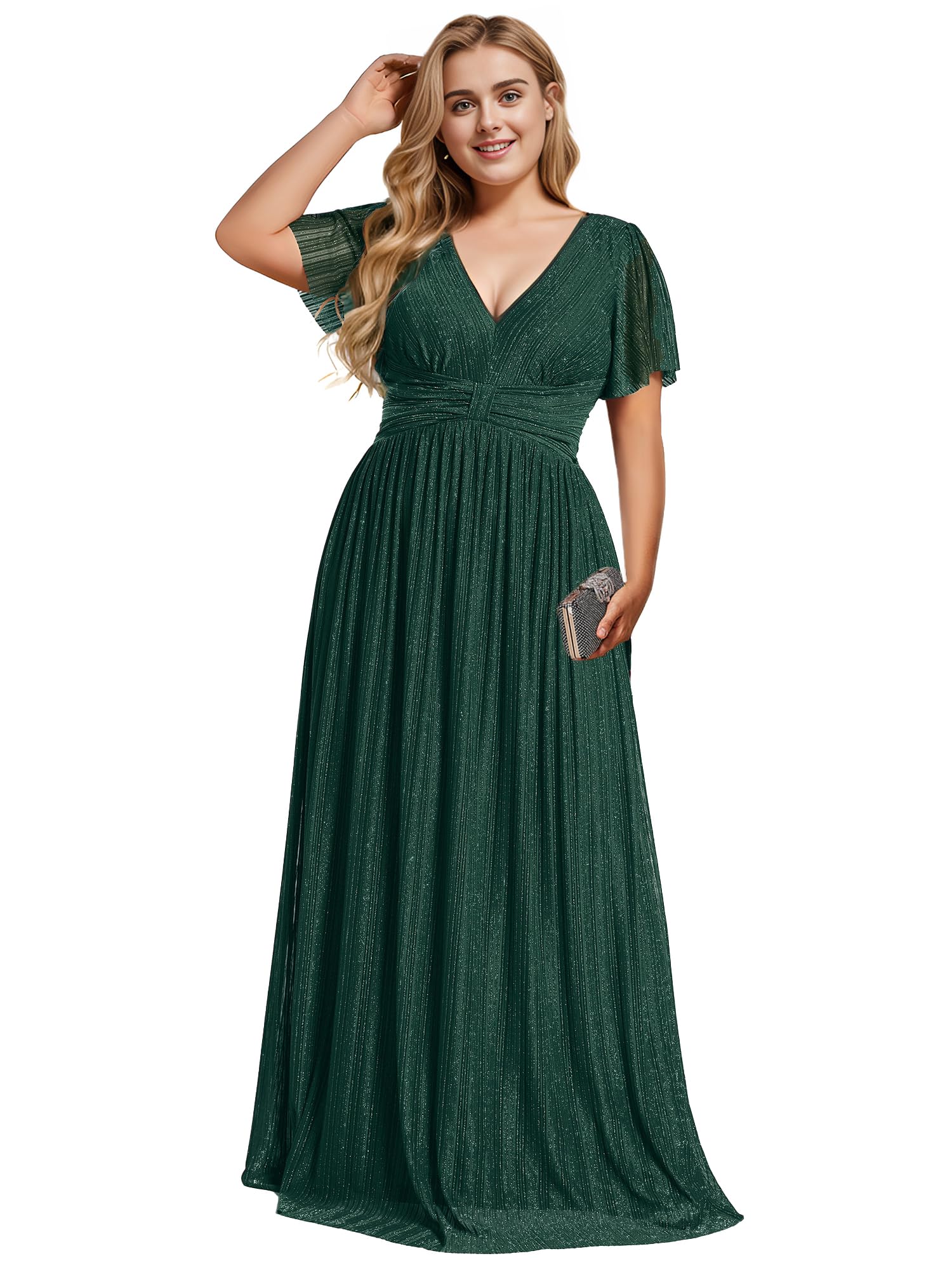 Ever-Pretty Women's Plus Size A-Line V-Neck Glitter Short Sleeve Pleated Formal Evening Dress 11961-DA | Elegant Party Gown for Prom, Wedding Guest & Special Occasions