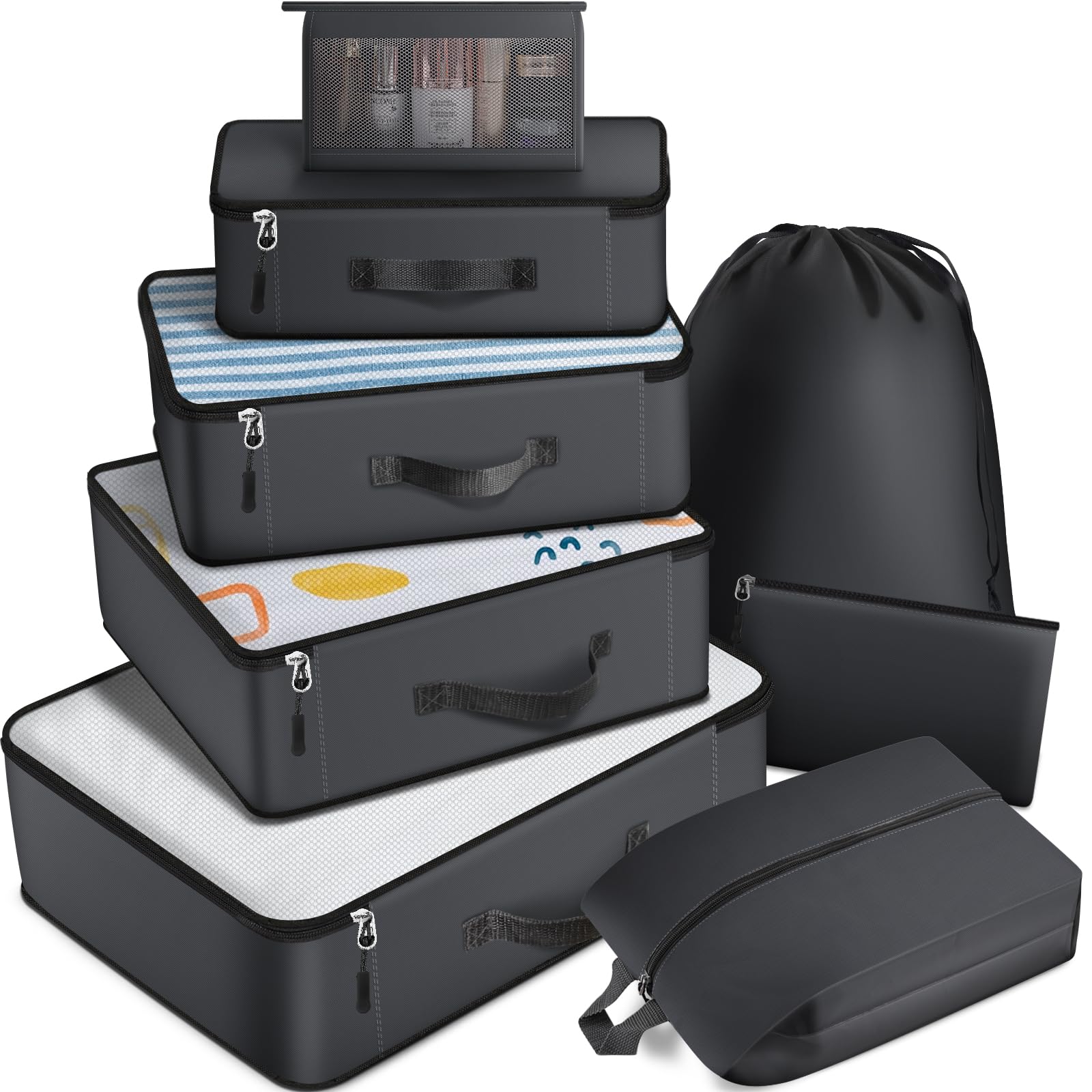 8-Piece Packing Cubes Set for Suitcase & Luggage - Travel Organizers with 4 Sizes (XL, L, M, S) + Toiletry, Laundry & Shoe Bags - Perfect for Business Trips, Vacations & Weekend Getaways (Grey)