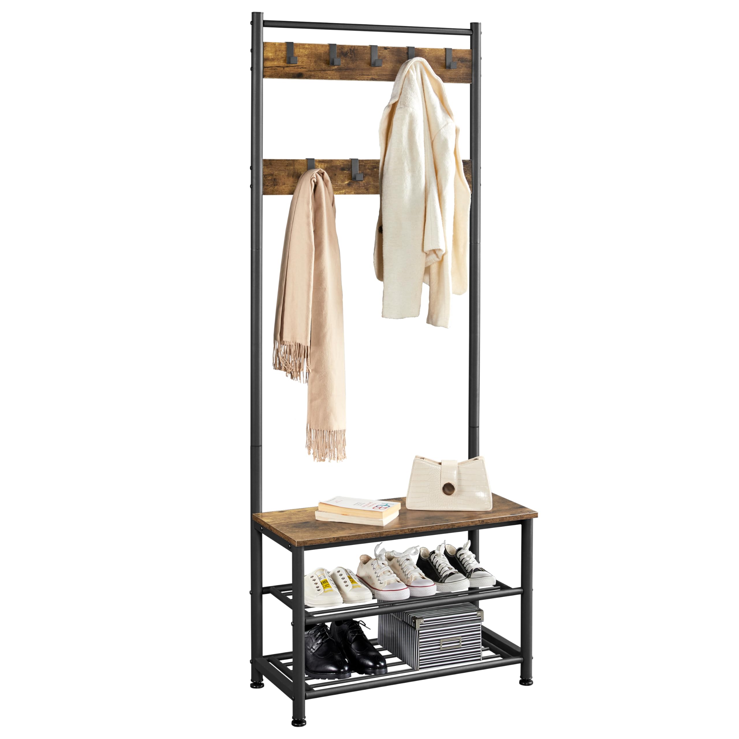Yaheetech 3-in-1 Hall Tree Coat Rack Shoe Bench with 9 Hooks & Storage Shelf - Industrial Entryway Organizer for Shoes, Coats & Bags - Easy Assembly Rustic Brown - Perfect for Mudroom, Foyer & Small Space Entryway Storage
