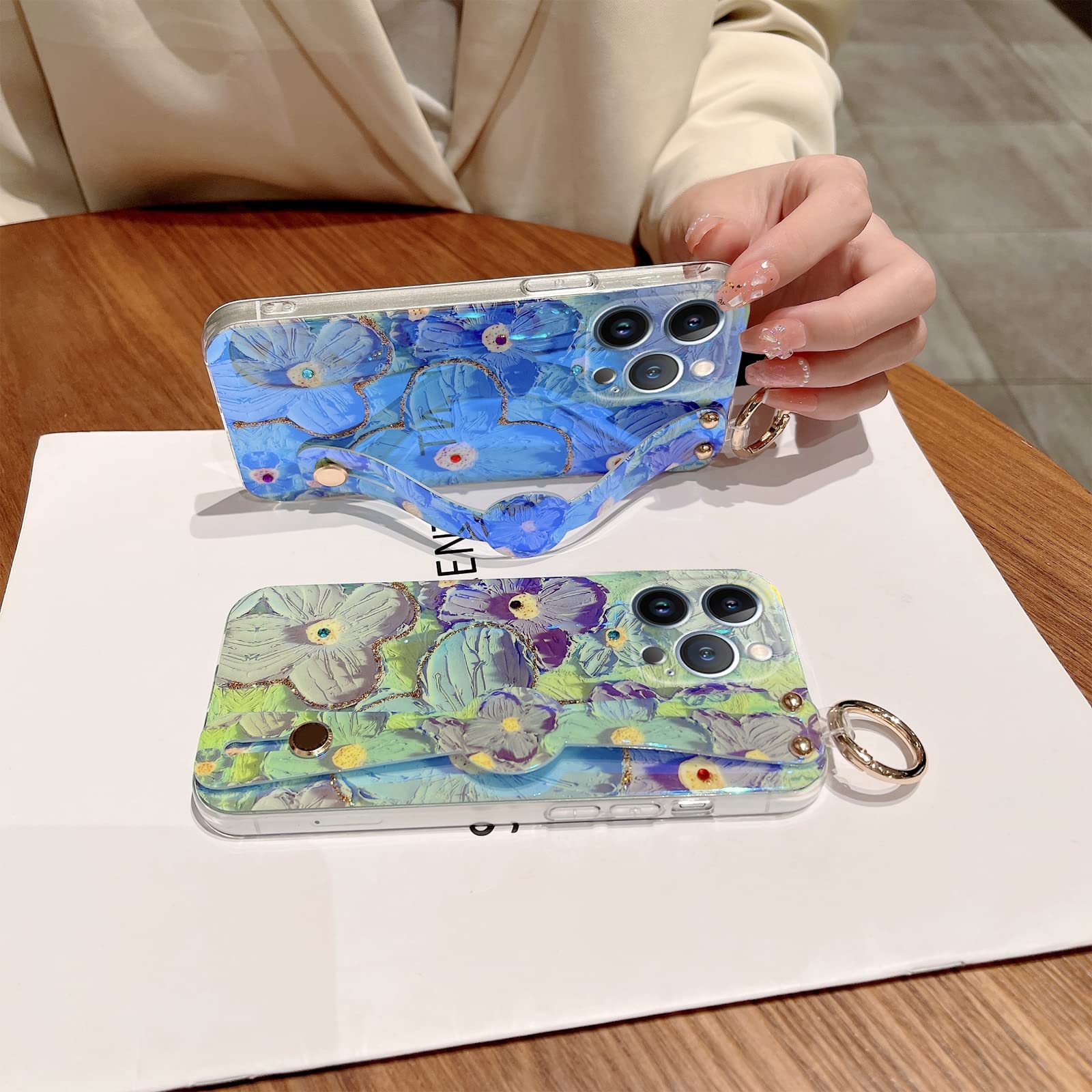 Elegant Bling Flower iPhone 13 Pro Max Case 6.7 Inch - Cute Slim TPU Shockproof Cover with Wrist Strap & Kickstand for Women & Girls | Perfect for Daily Use, Work & Social Events