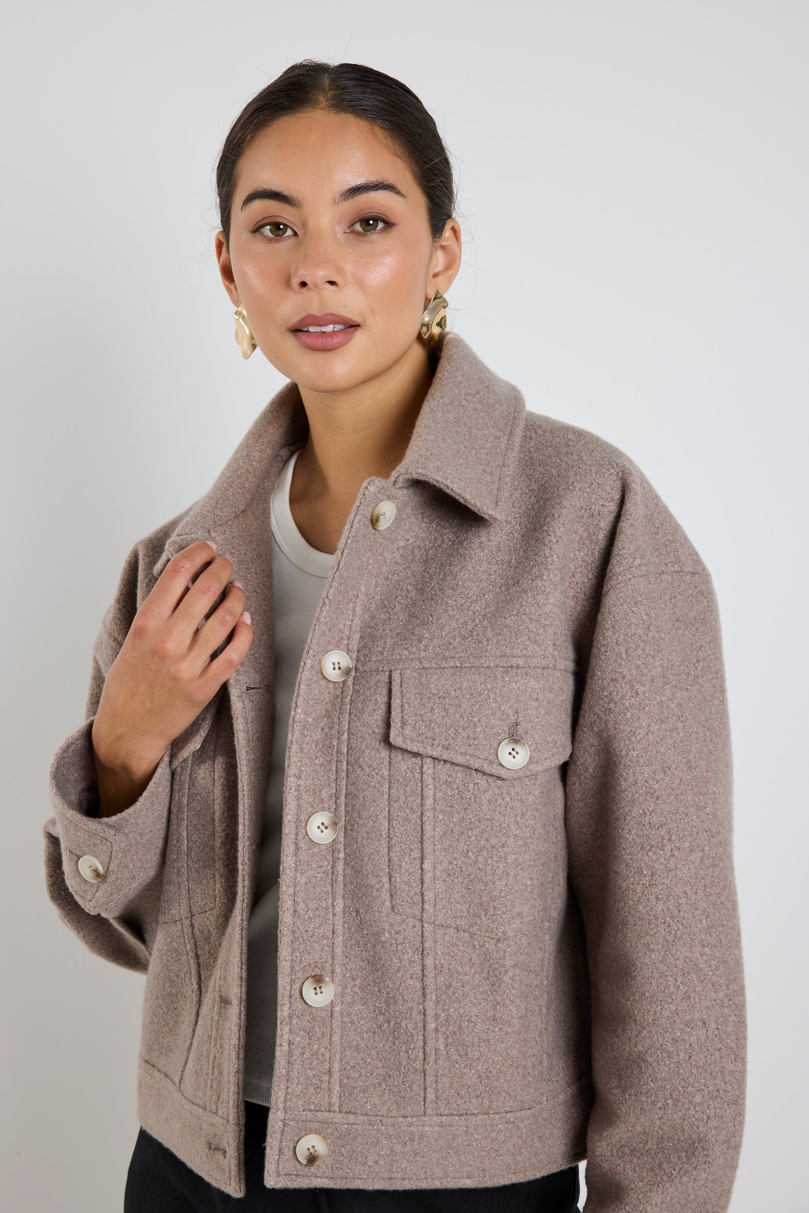 Stylish Taupe Boucle Trucker Jacket for Women - Trendy Denim Driver Jacket with Comfortable Fit - Perfect for Casual Outings, Road Trips & Fall Layering