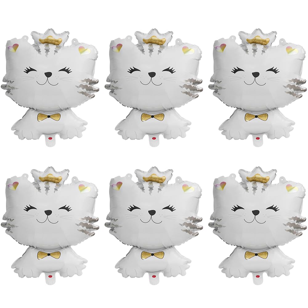 6 Pack 27'' White Cartoon Kitten Cat Balloons - Mylar Foil Helium Balloons for Kids Birthday Parties, Baby Showers & Animal Themed Decorations | Perfect for Indoor/Outdoor Party Decor, Photo Backdrops & Celebration Events
