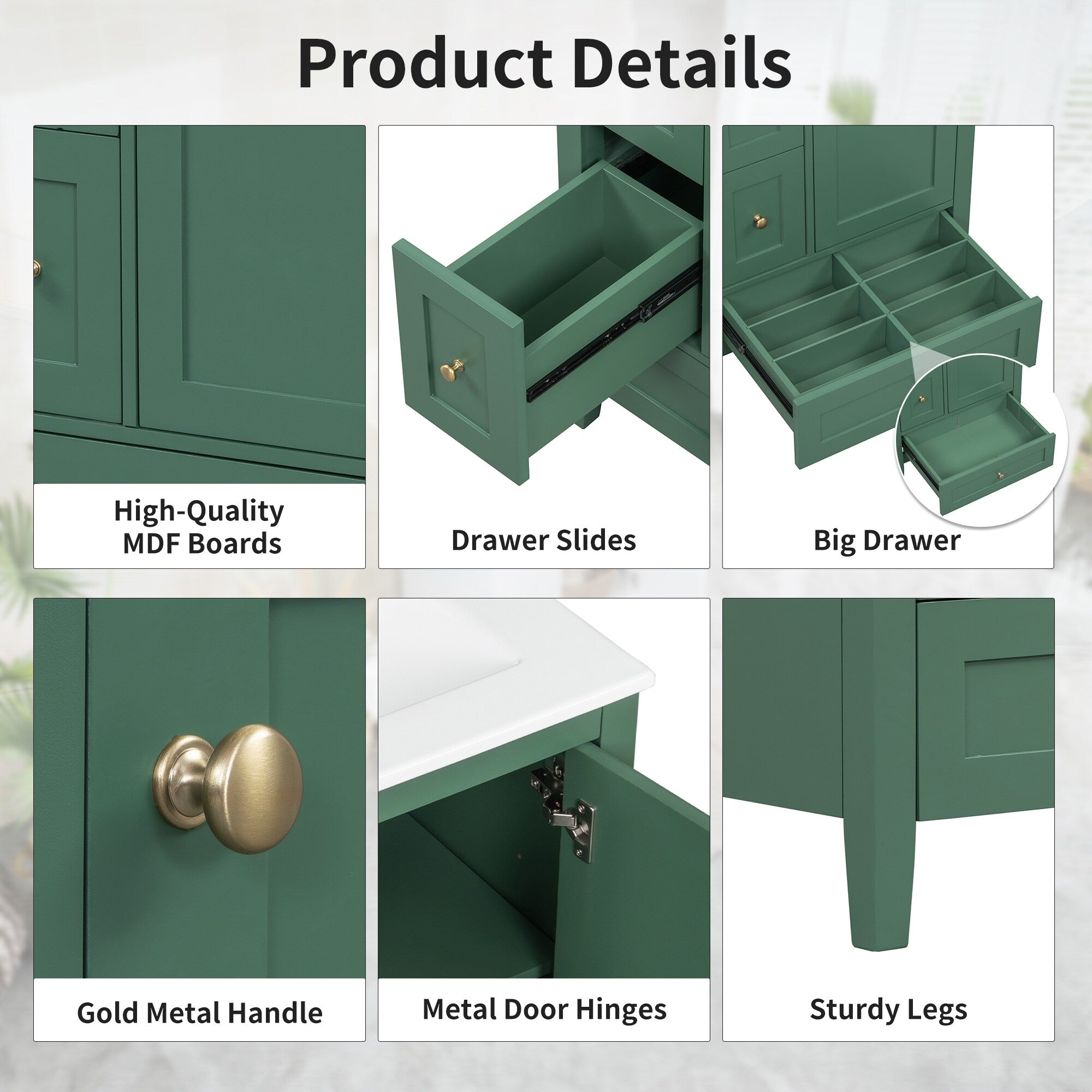 24 Inch Bathroom Vanity with Storage - Adjustable Shelf & Removable Dividers, MDF & Rubberwood Construction, Dark Green Finish for Modern Bathroom Decor