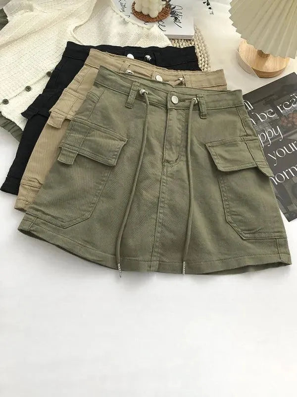 Stylish Women's Drawstring Denim Cargo Skirt with Fly - Casual Streetwear for Everyday Outfits & Outdoor Adventures