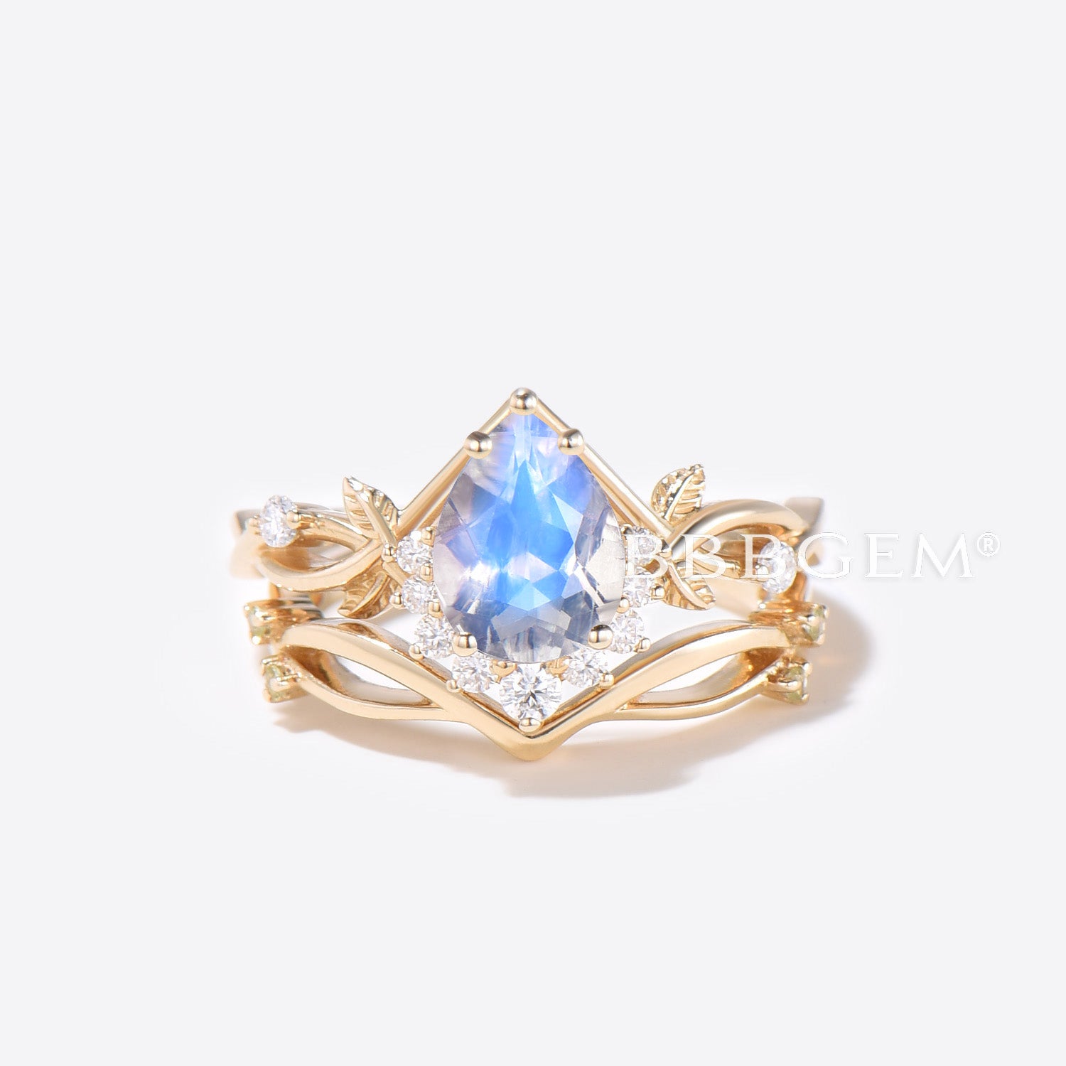Rainbow Moonstone Teardrop Engagement Ring with Gold Leaf Vine Design - Vintage Bridal Jewelry Set for Weddings, Anniversaries & Special Occasions