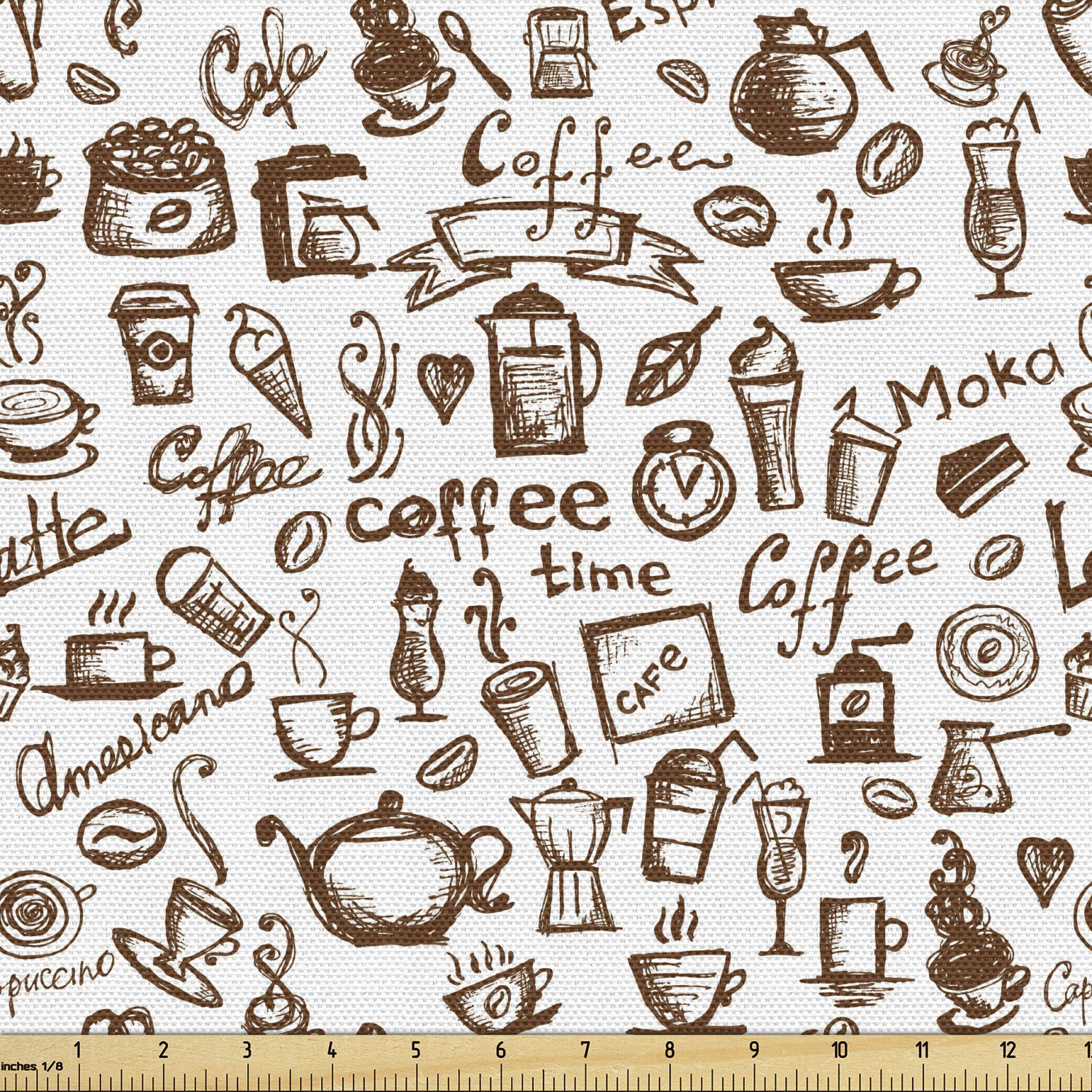 Ambesonne Coffee Fabric by The Yard - Brown & White Monochrome Print with Coffee Cups, Hearts & Banner Design - 10 Yards Upholstery Fabric for DIY Home Decor, Curtains, Tablecloths & Craft Projects - Perfect for Coffee Shops, Kitchen Decor & Gift Wrapping