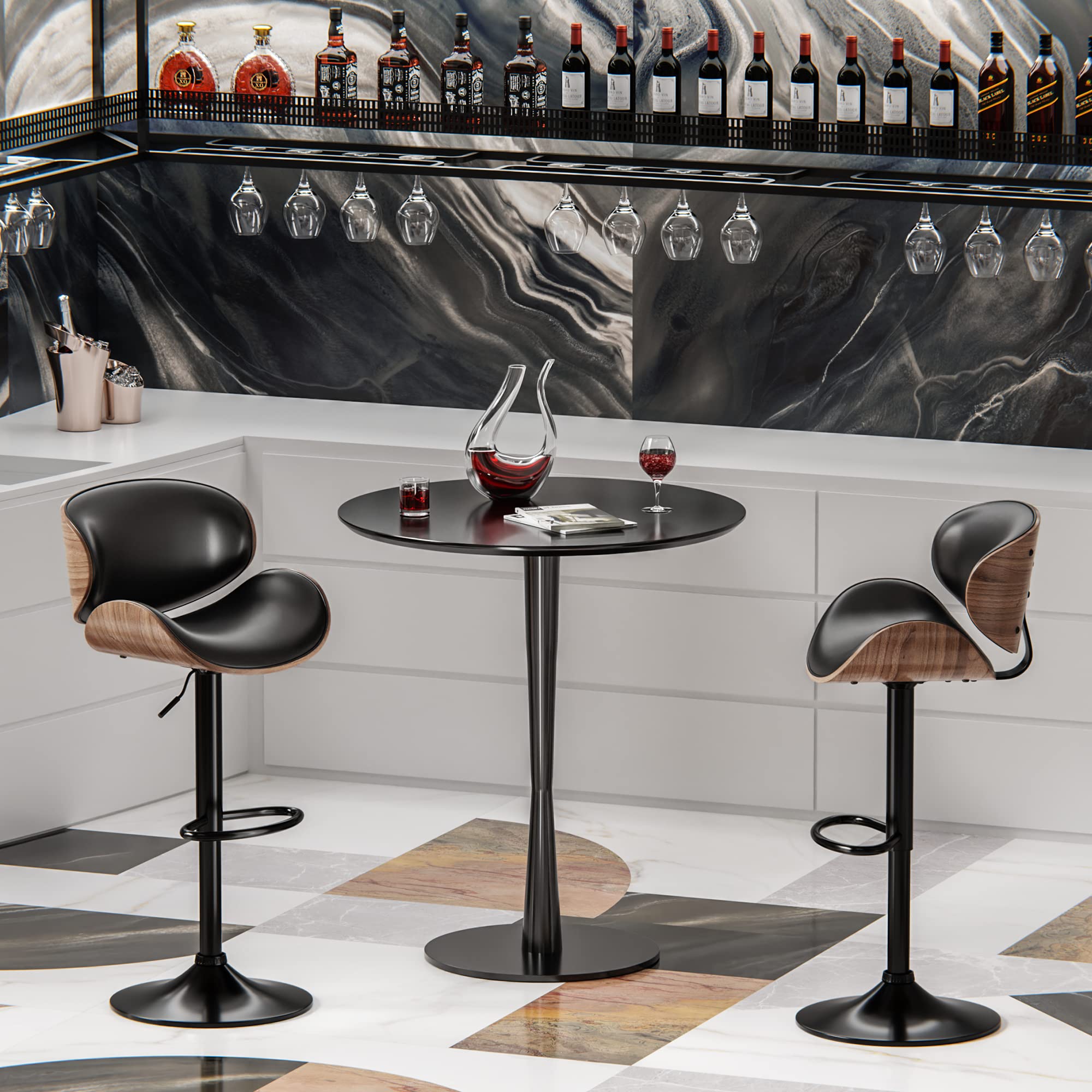 ONME Adjustable Height Swivel Bar Stools Set of 2 - PU Leather Upholstered Counter Stools with Back Support & Footrest - Modern Bar Chairs for Kitchen Island, Home Bar, Dining Room & Breakfast Nook - Dark Black