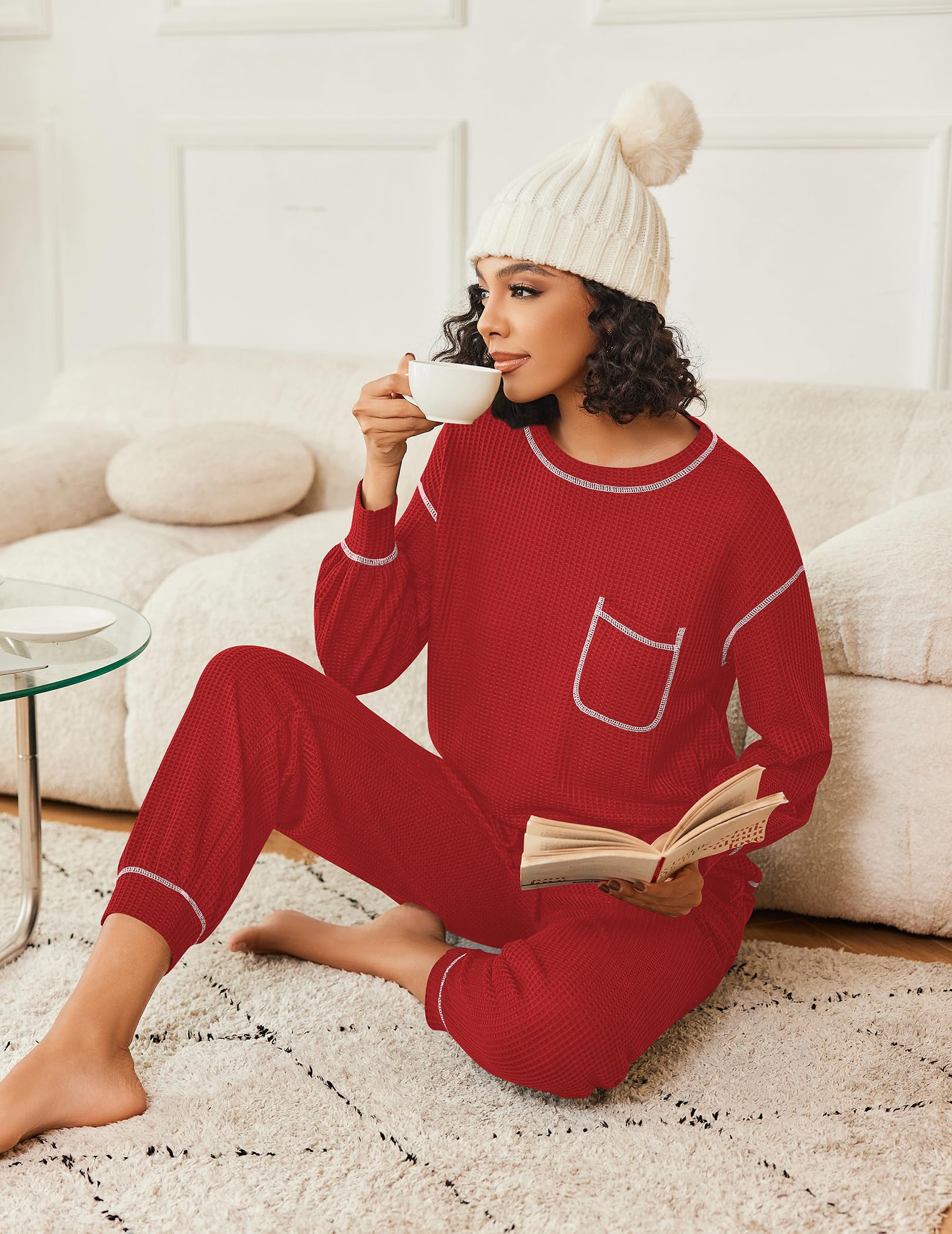 Ekouaer Women's Waffle Knit Pajama Set - Long Sleeve 2-Piece Loungewear for Sleep & Relaxation (Sizes S-XXL) | Cozy Homewear for Winter Nights & Spa Days