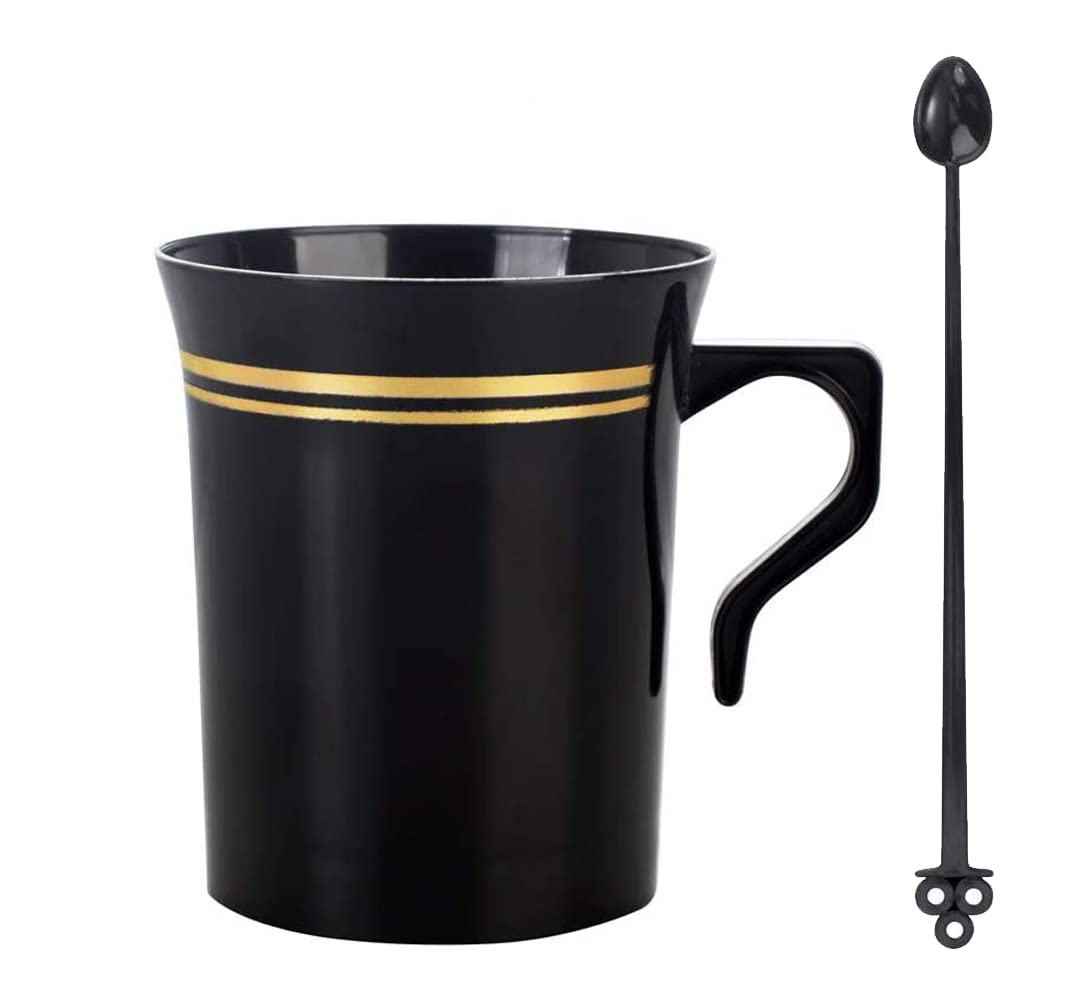 60 Pack Black Plastic Coffee Mugs with Stirrers - 8oz Disposable Coffee Cups with Handles & Gold Rim - Perfect for Wedding, Party, Office, and Catering Events
