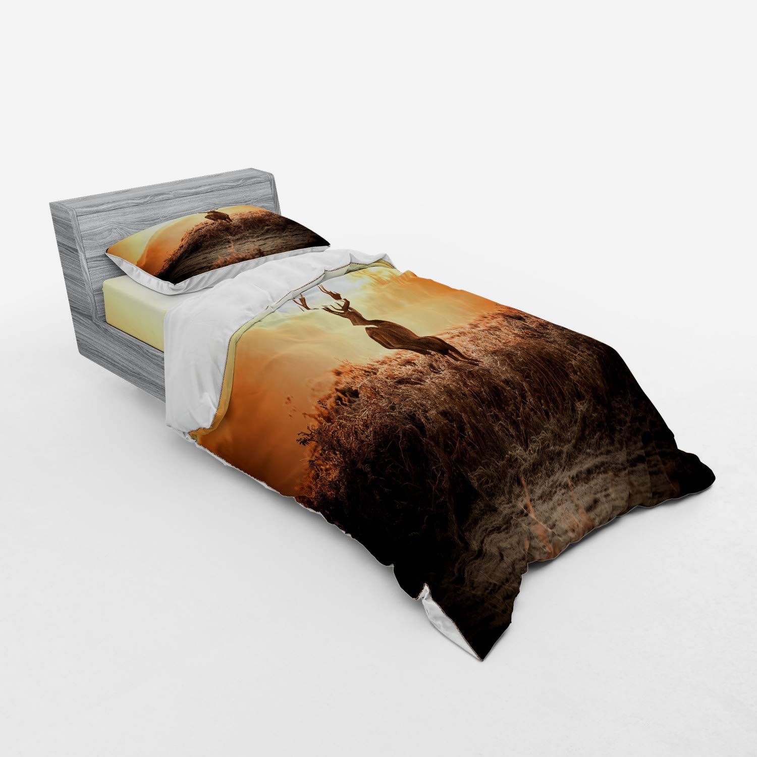Ambesonne Hunting Themed 3-Piece Duvet Cover Set - Red Deer in Morning Sun Wilderness Nature Scenery, Twin Size Brown Orange Bedding with Sham & Fitted Sheet | Perfect for Cabin, Lodge or Rustic Home Decor