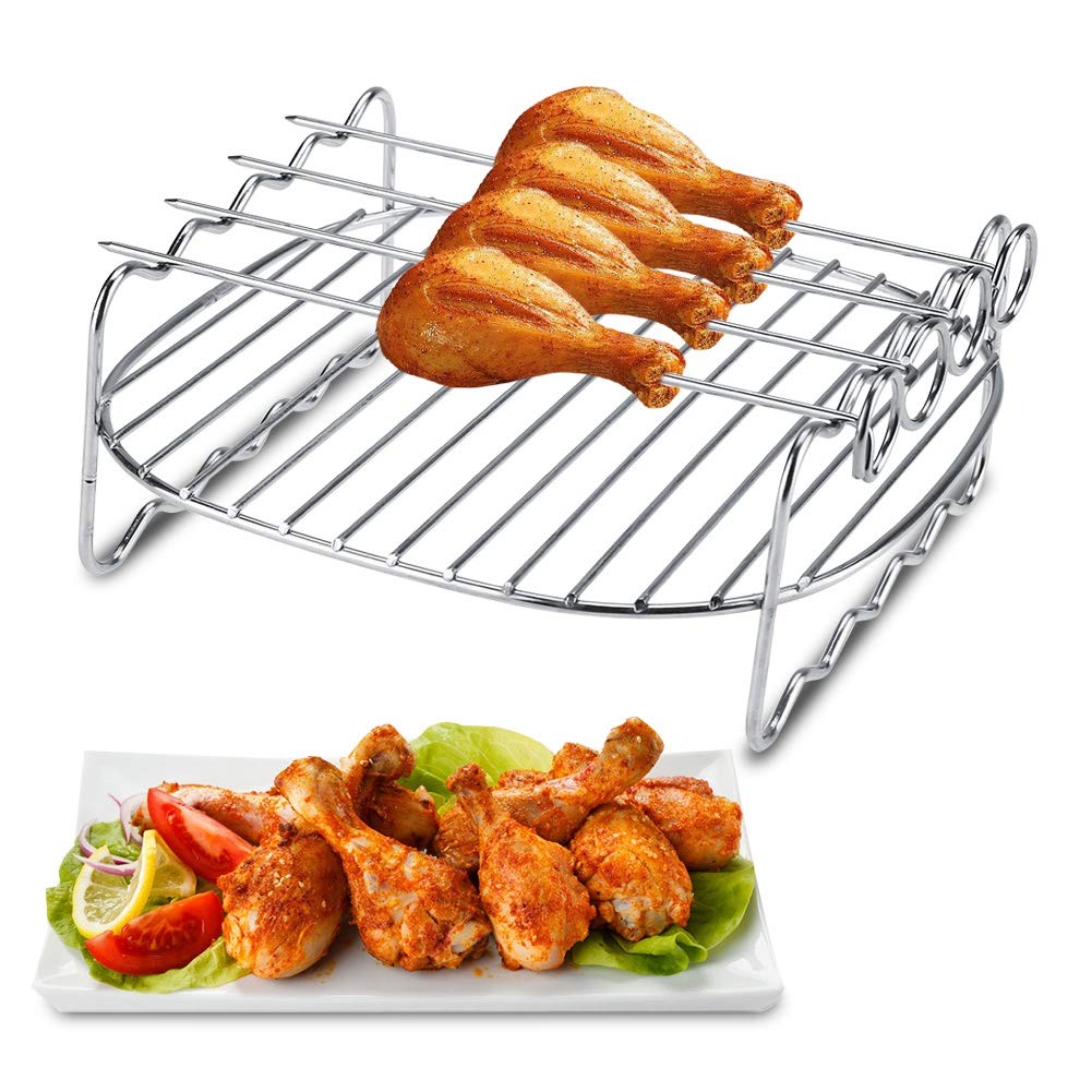 Eurobuy BBQ Double Layer Stainless Steel Rack with Skewers - Non-Stick Baking Tray Replacement for Philips Air Fryer - Perfect for Grilling, Roasting & Air Frying Chicken Wings, Vegetables & More