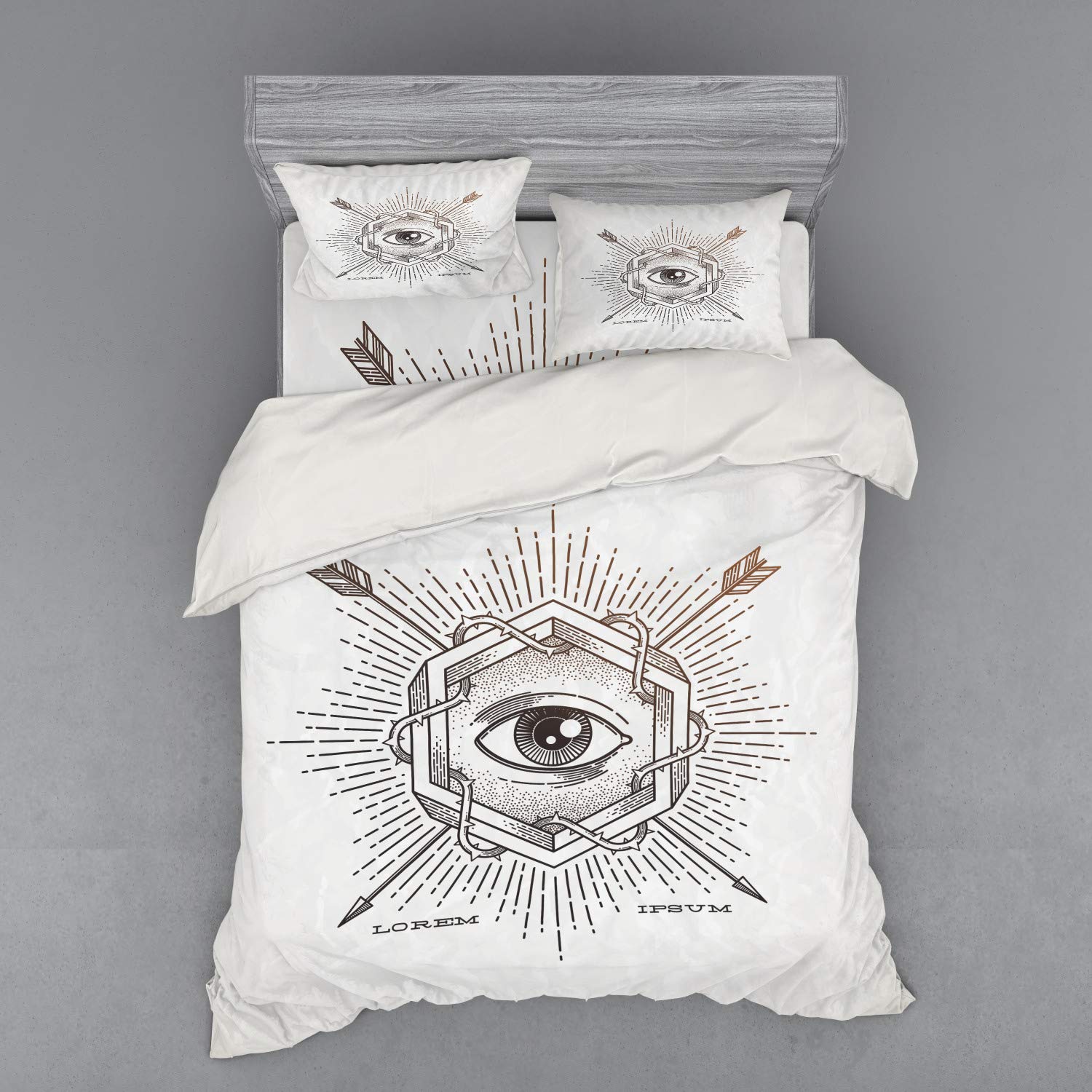 Ambesonne Bohemian Bedding Set - Queen Size 3-Piece Duvet Cover with Sham & Fitted Sheet, Geometric Hexagon Third Eye Design with Grunge Effects & Arrows Print, Beige - Perfect for Boho Chic Bedrooms & Meditation Spaces