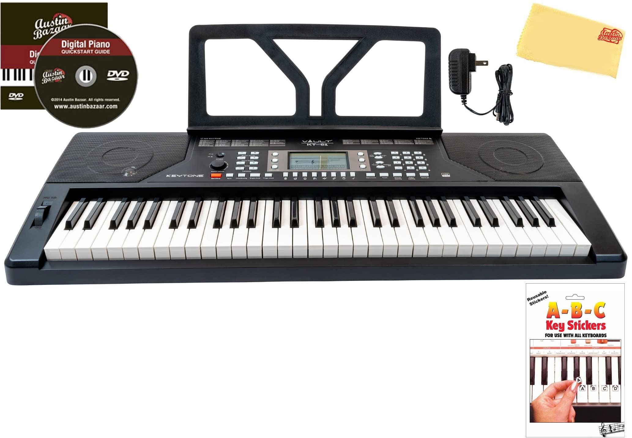 Vault KT-61 Touch Sensitive 61-Key Electronic Keyboard with Adjustable Stand - Black | Beginner Piano Keyboard Bundle Includes Keyboard Stickers, Instructional DVD & Polishing Cloth | Perfect for Home Practice, Music Lessons & Studio Recording