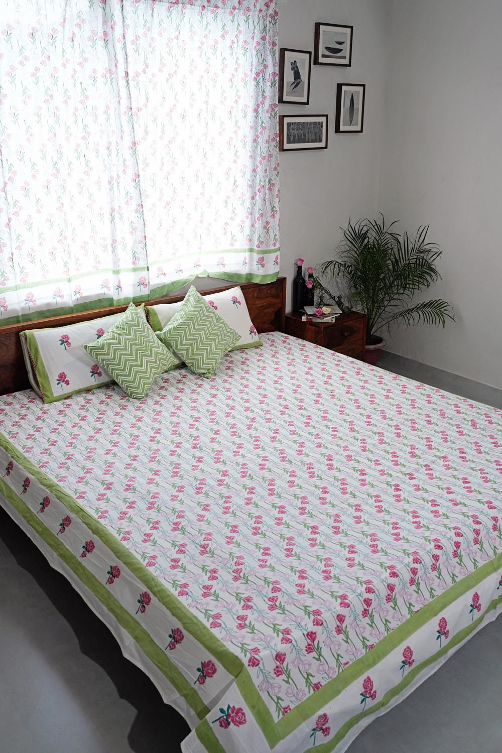 Blooming Meadow Hand Block Printed Cotton Percale Bedsheet Set - 100% Organic Cotton Luxury Bedding for Home & Hotel Use - Breathable & Soft for All Seasons