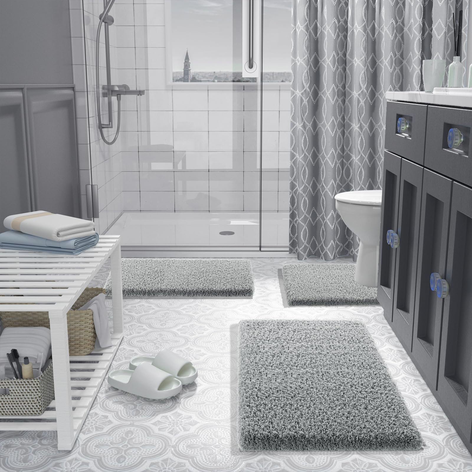 Yimobra Ultra Soft Bath Rugs 32x20 Inches - Water Absorbent Non-Slip Shower Mats, Plush Microfiber Bathroom Floor & Tub Mats, Machine Washable - Pure Gray for Cozy Bathroom Comfort