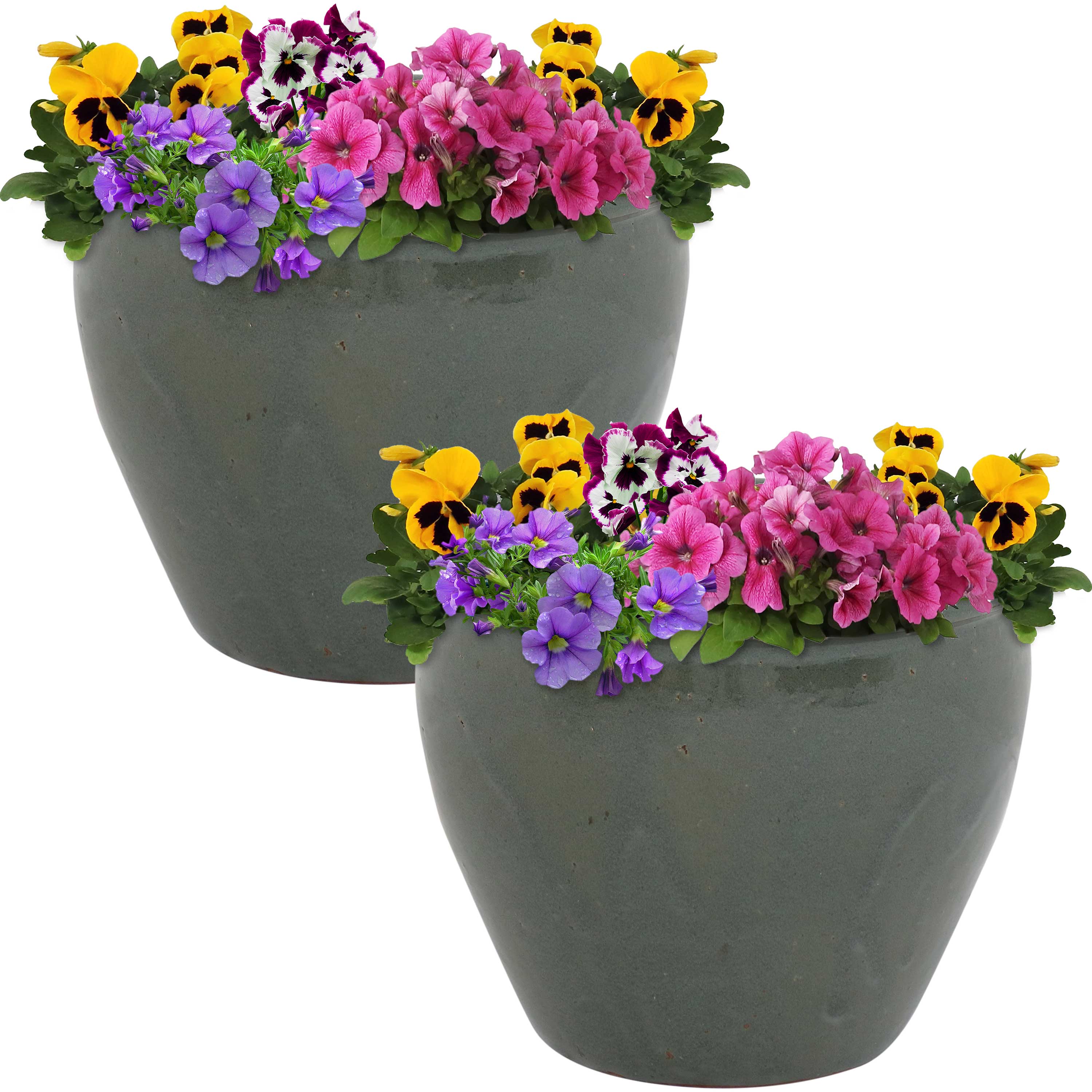 Sunnydaze Chalet Glazed Ceramic Planter with Drainage Holes - Set of 2 for Indoor & Outdoor Plants - Perfect for Home, Garden, Patio, and Balcony Decor