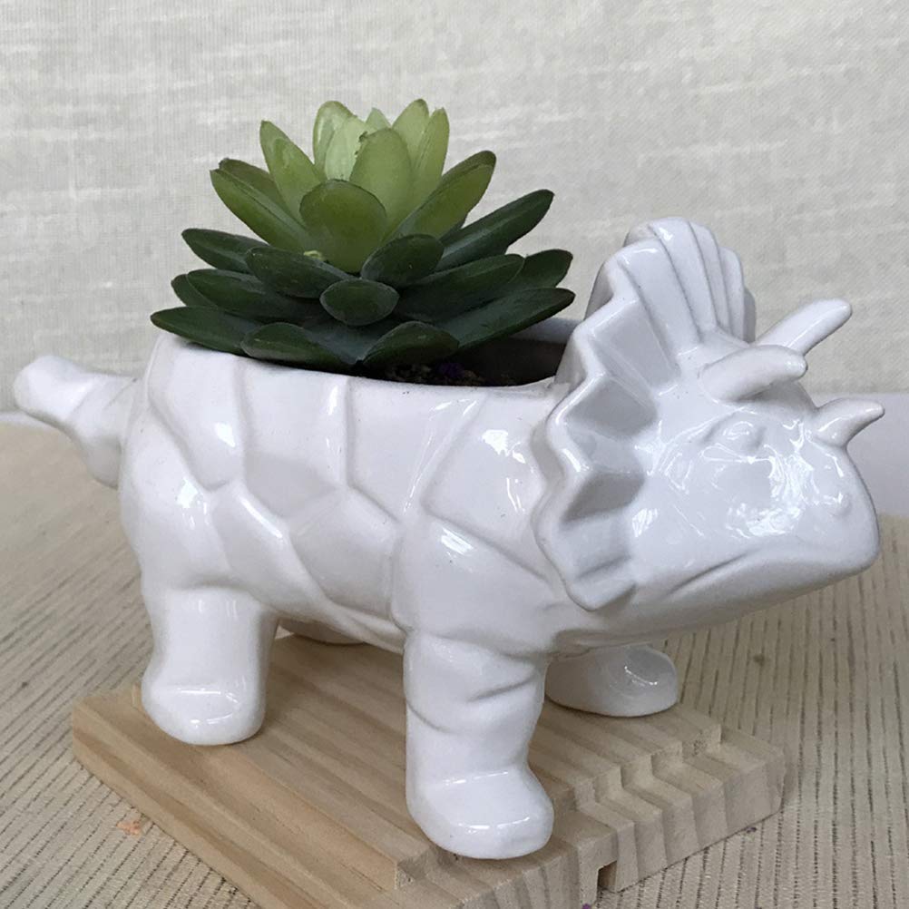 DOITOOL Ceramic Triceratops Succulent Planter - White Dinosaur Flower Pot for Small Plants, Cactus, Air Plants - Perfect for Home, Office Desk Decor & Gift Idea