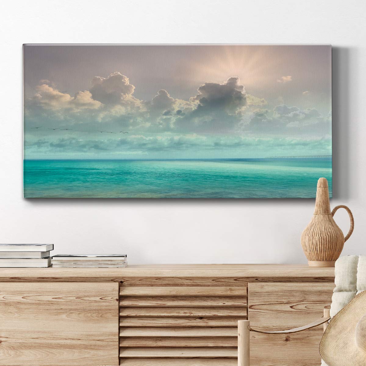 Modern Caribbean Ocean Blue Canvas Wall Art - Landscape Beach Print for Living Room, Bedroom, Bathroom & Office Decor - Ready to Hang 24x48 Inches - Perfect for Coastal, Nautical & Tropical Home Styling