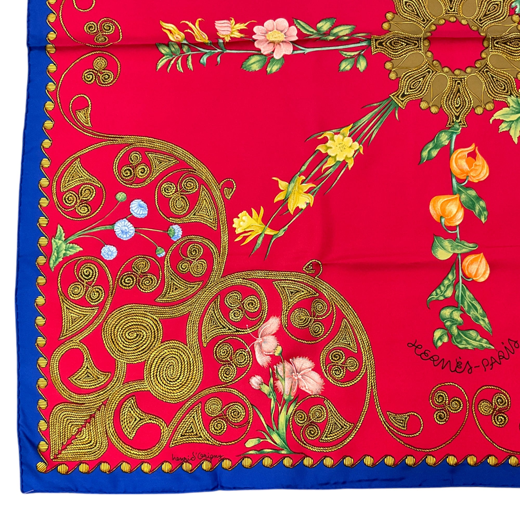 Luxury Hermes Arabesque Silk Scarf - Red & Blue Floral Pattern - Perfect for Women's Fashion, Gift Giving & Special Occasions