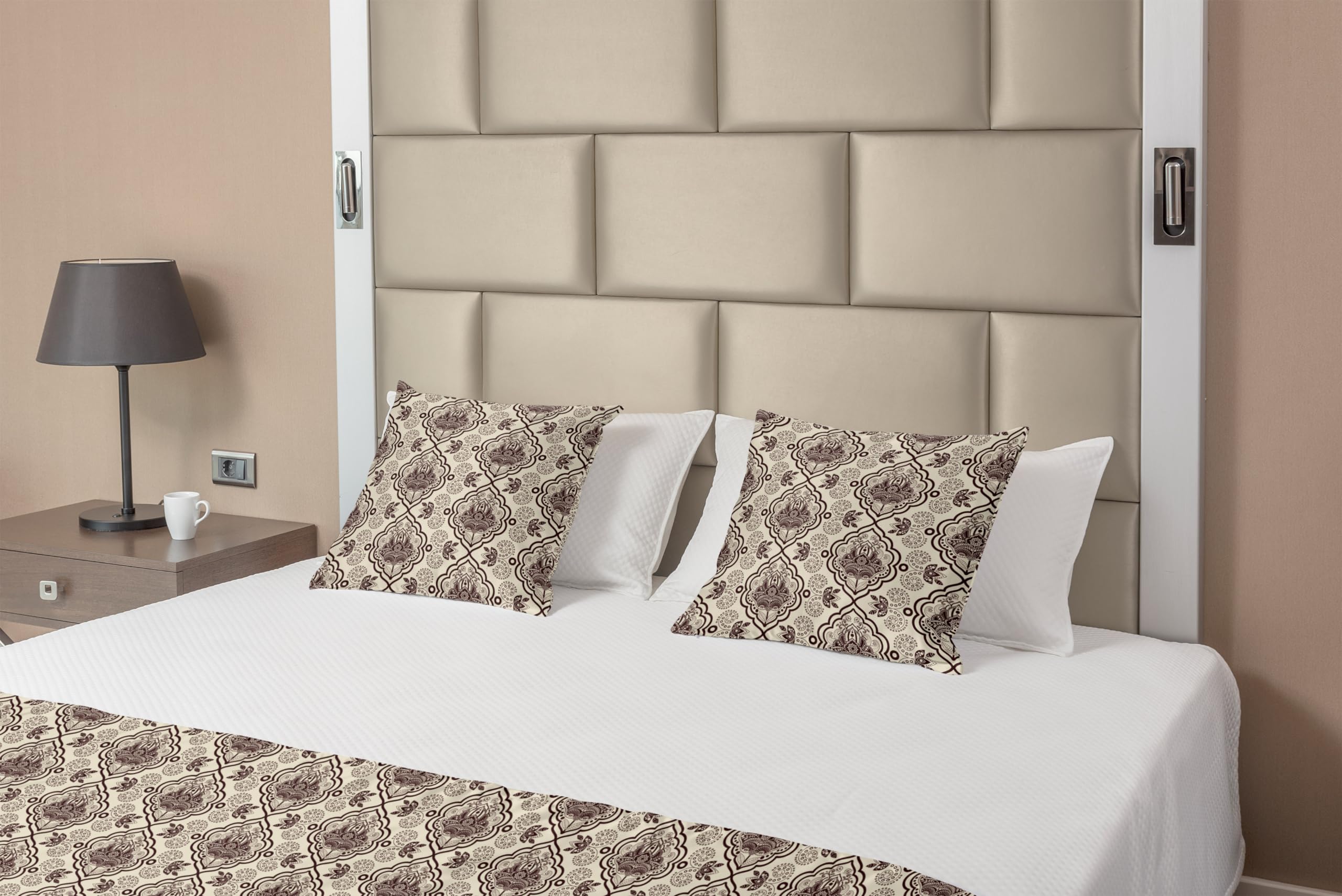 Ambesonne Damask Bed Runner Set with Abstract Flourish Curvy Frames & Swirly Motifs - Exotic Lotus Ornament Decorative Bedding Scarf & 2 Pillow Shams - Chestnut Brown & Beige - Perfect for Hotel Beds, Home Decor & Luxury Bedroom Styling