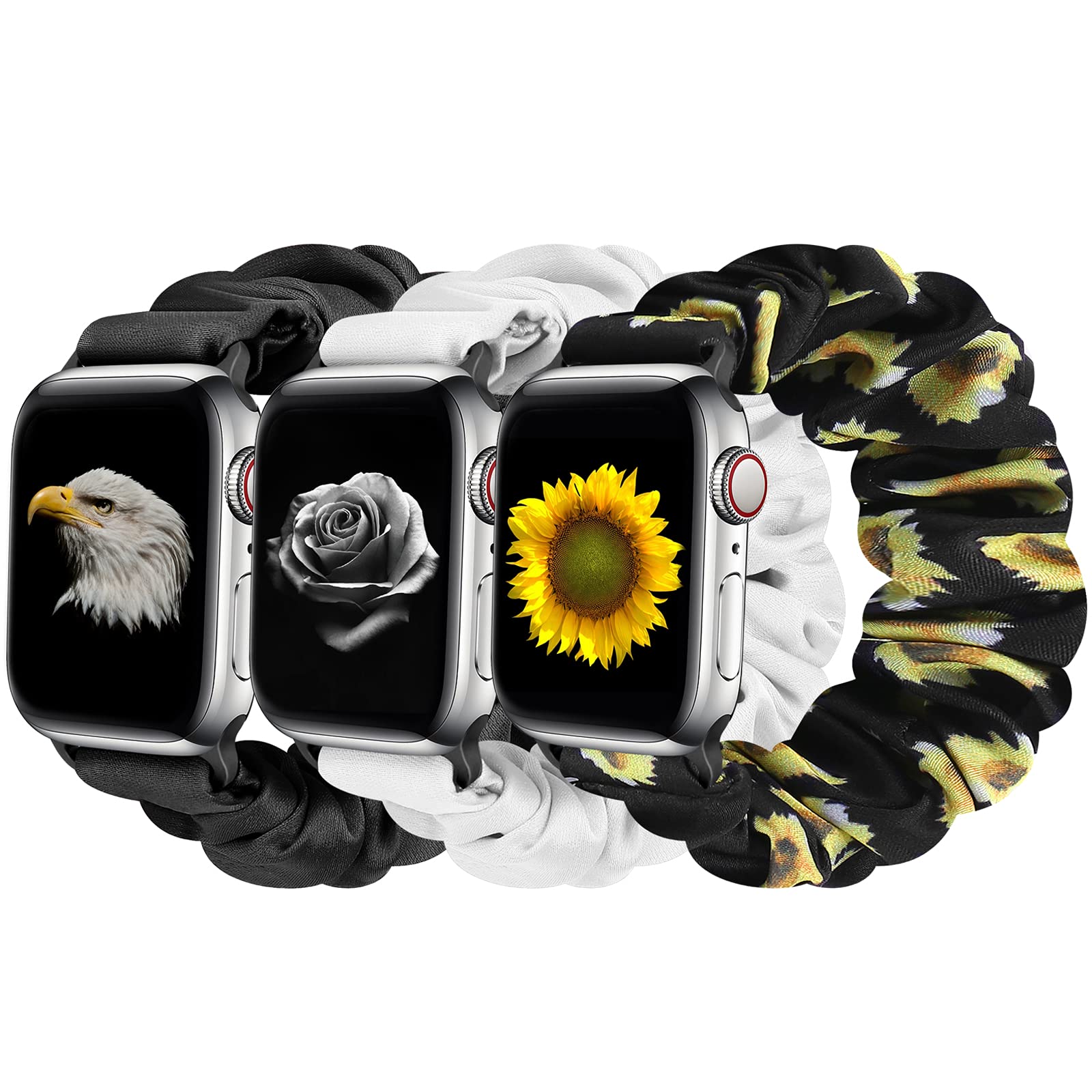 Tiptops 3 Pack Apple Watch Bands Scrunchies 38mm-49mm - Soft Fabric Wristbands for Women, Compatible with iWatch Ultra 2, Series 10/9/8/7/6/5/4/3/2/1/SE - Stylish Printed Elastic Straps for Workout, Office & Casual Wear