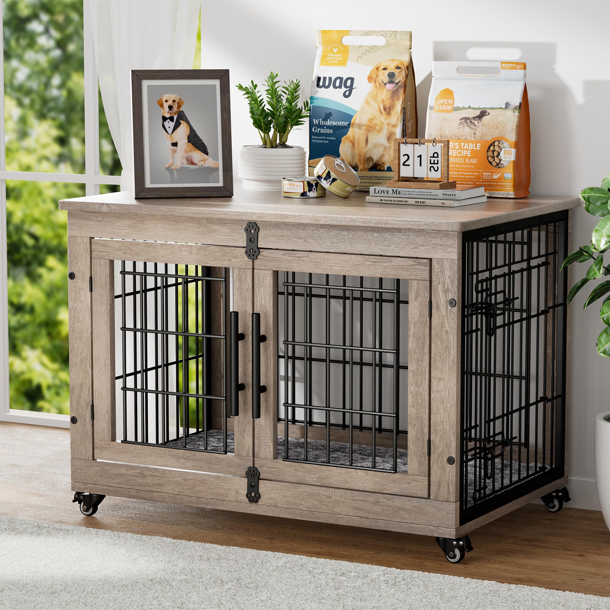 **Heavy Duty Wooden Dog Crate Furniture with Cushion – Double Door Dog Kennel & End Table with Wheels – Indoor Dog House for Small & Medium Dogs up to 45 lbs (32.5” L, Grey) – Perfect for Living Room, Bedroom, or Office**