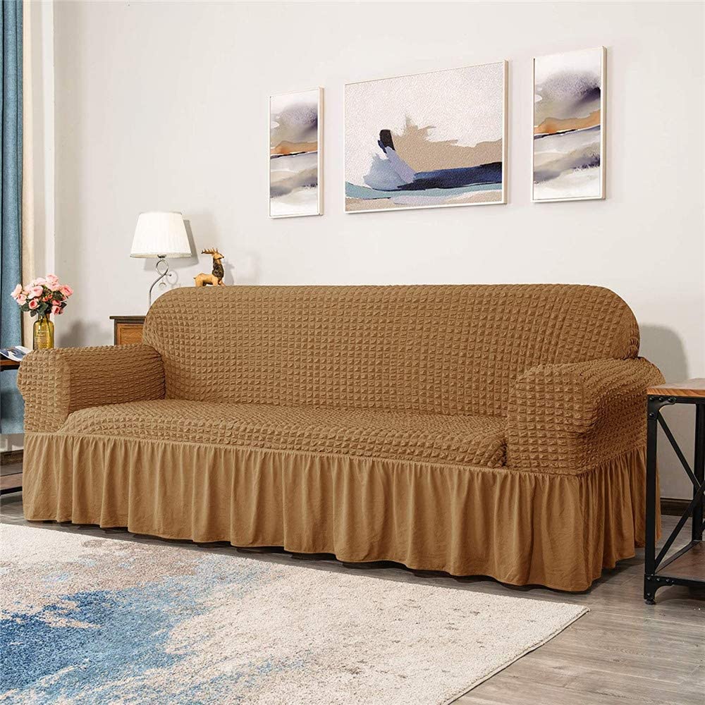 YYHSND Universal Sofa Cover - 1-Piece Stretchable Couch Slipcover, Washable Durable Seersucker Fabric Furniture Protector with Skirt (Almond, 3-Seater) for Living Room, Office & Home Decor