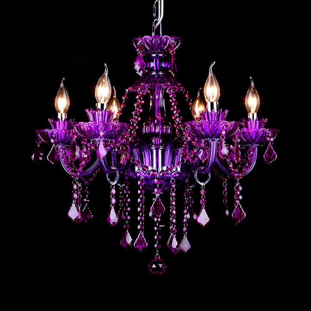 LAKIQ Modern Crystal Chandelier - Adjustable Hanging Pendant Light Fixture for Dining Room, Living Room & Bedroom - 6-Light Candle Candelabra Design (Purple) - Perfect for Home Decor, Wedding Venues & Restaurant Lighting