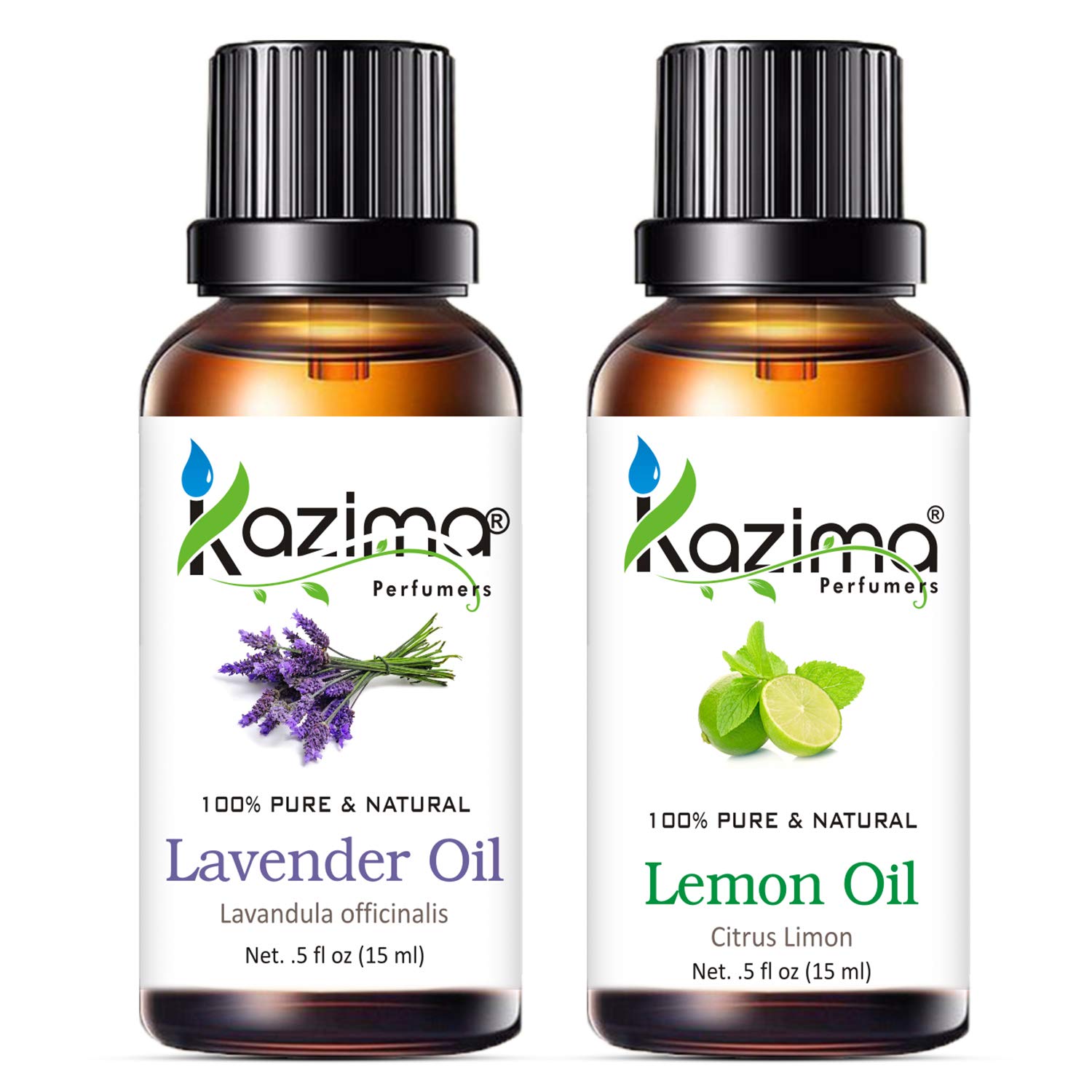 KAZIMA Lavender Oil & Lemon Oil Set - 100% Pure Natural Essential Oils for Skin Brightening, Acne Treatment, Hair Growth & Aromatherapy (15ml Each) - Perfect for DIY Skincare, Massage & Home Diffuser