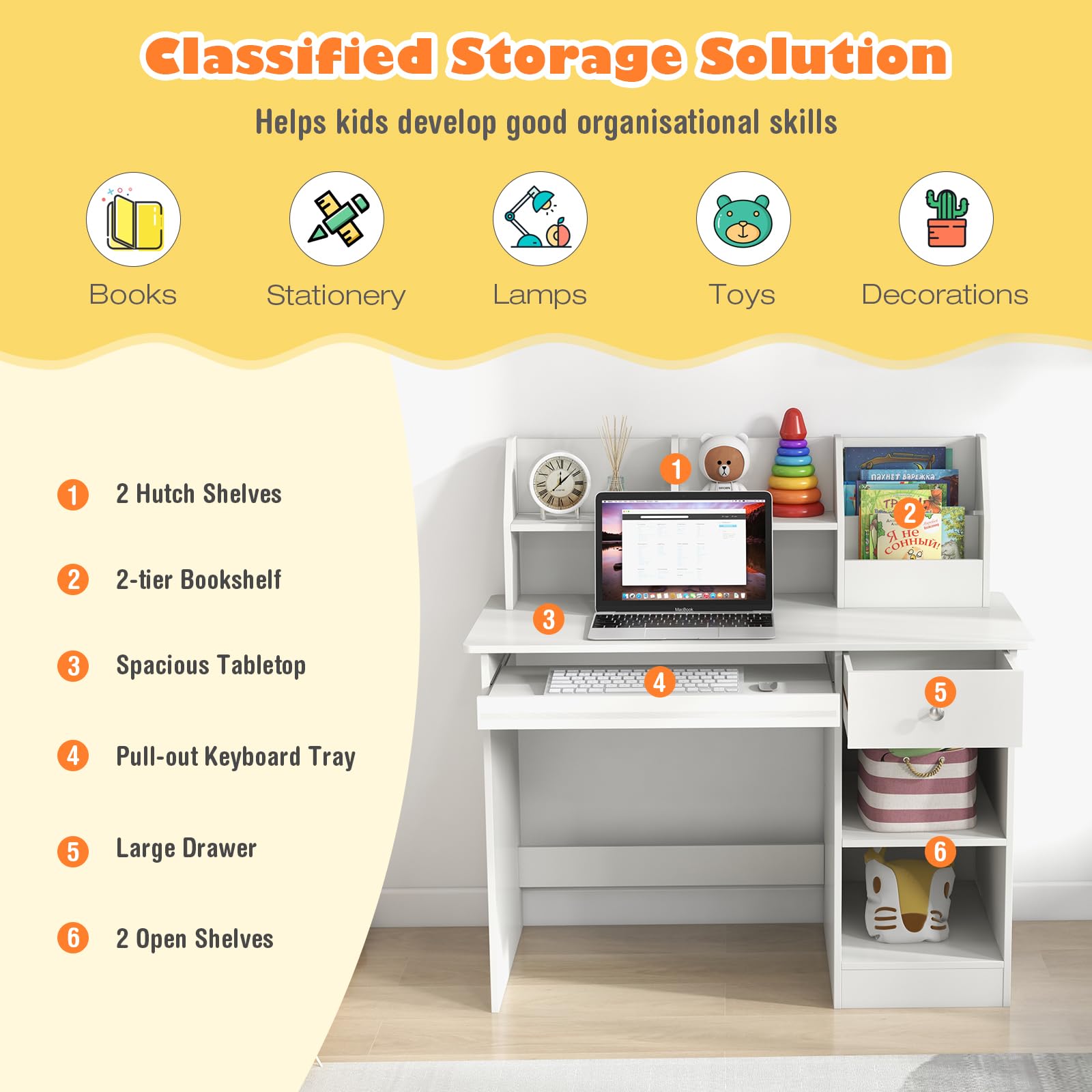 Costzon Kids Wooden Study Desk with Hutch, Storage Shelves & Keyboard Tray - White Children's Writing Workstation for Bedroom, School - Perfect Gift for Boys & Girls Ages 3+ | Ideal for Homework, Art Projects & Computer Learning
