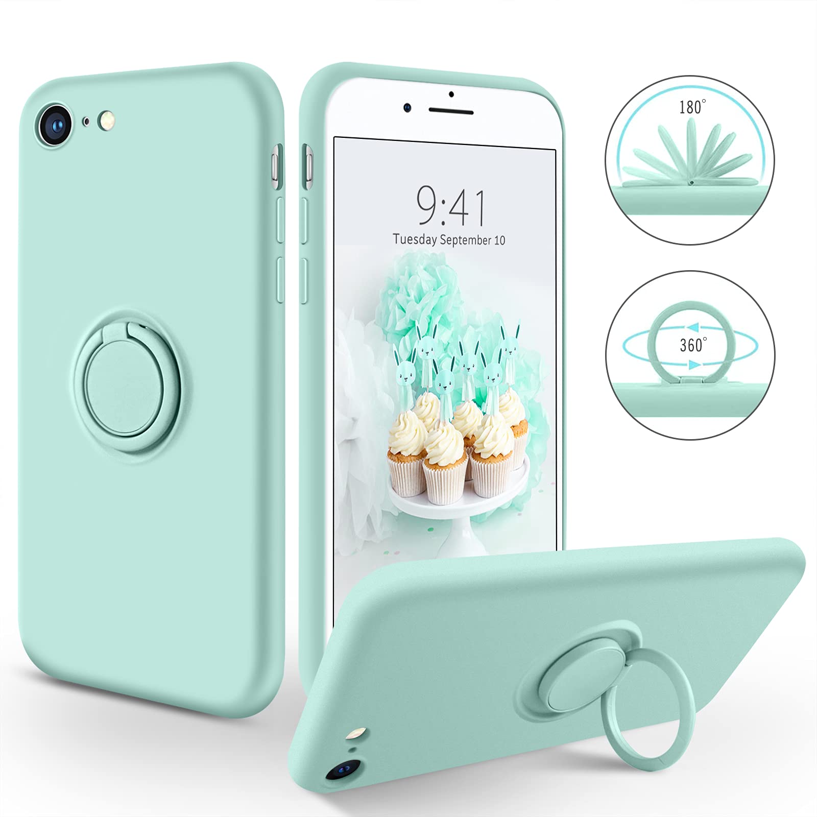 Premium Slim Silicone Shockproof Case for iPhone SE 2022/2020/8/7 - Soft Rubber Hybrid Protection with 360° Ring Kickstand - Mint Green Phone Cover for Women & Girls - Perfect for Daily Use, Travel & Outdoor Activities