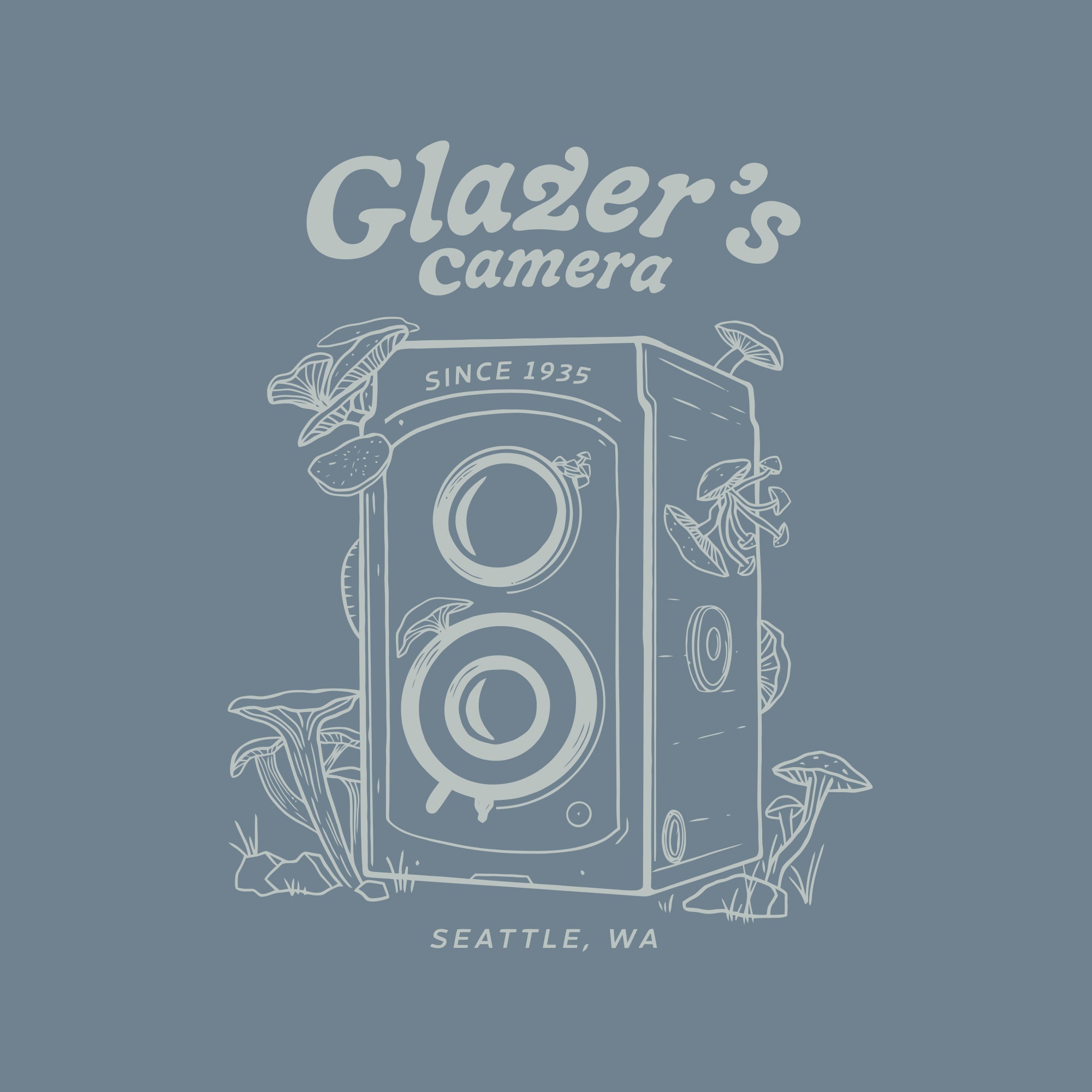 Glazer's Mushroom Camera Graphic T-Shirt for Women - Heather Slate - Size Large | Cute Casual Tee for Photography Enthusiasts, Streetwear & Everyday Wear