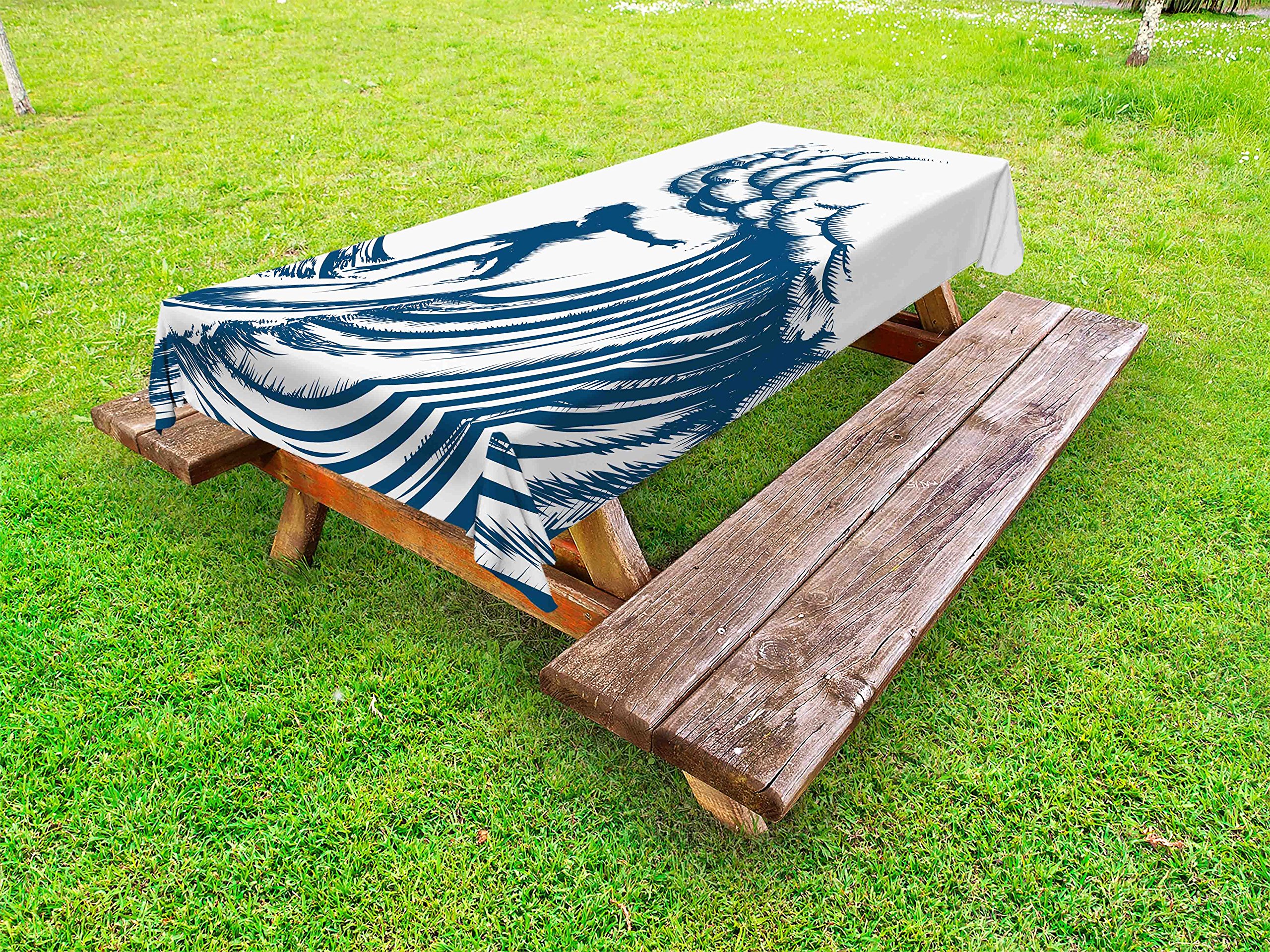 Ambesonne Surfing Outdoor Tablecloth - Hand Drawn Abstract Surfer Silhouette Riding Big Wave, Coastal Art Design, Washable Picnic Table Cover 58x104 Inches Blue & White - Perfect for Beach Parties, Backyard BBQs & Outdoor Dining