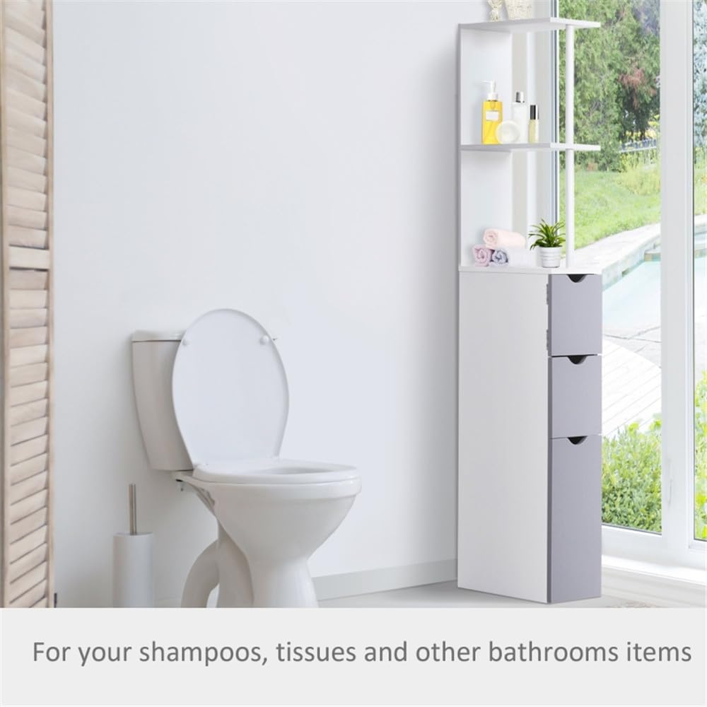 Tall Bathroom Storage Cabinet - Slim Freestanding Floor Cabinet with 2 Open Shelves, 1 Cabinet & 2 Drawers - Bathroom Organizer for Linen, Towels & Toiletries - Anti-Tipping Design - White - Perfect for Small Bathrooms, Apartments & Laundry Rooms