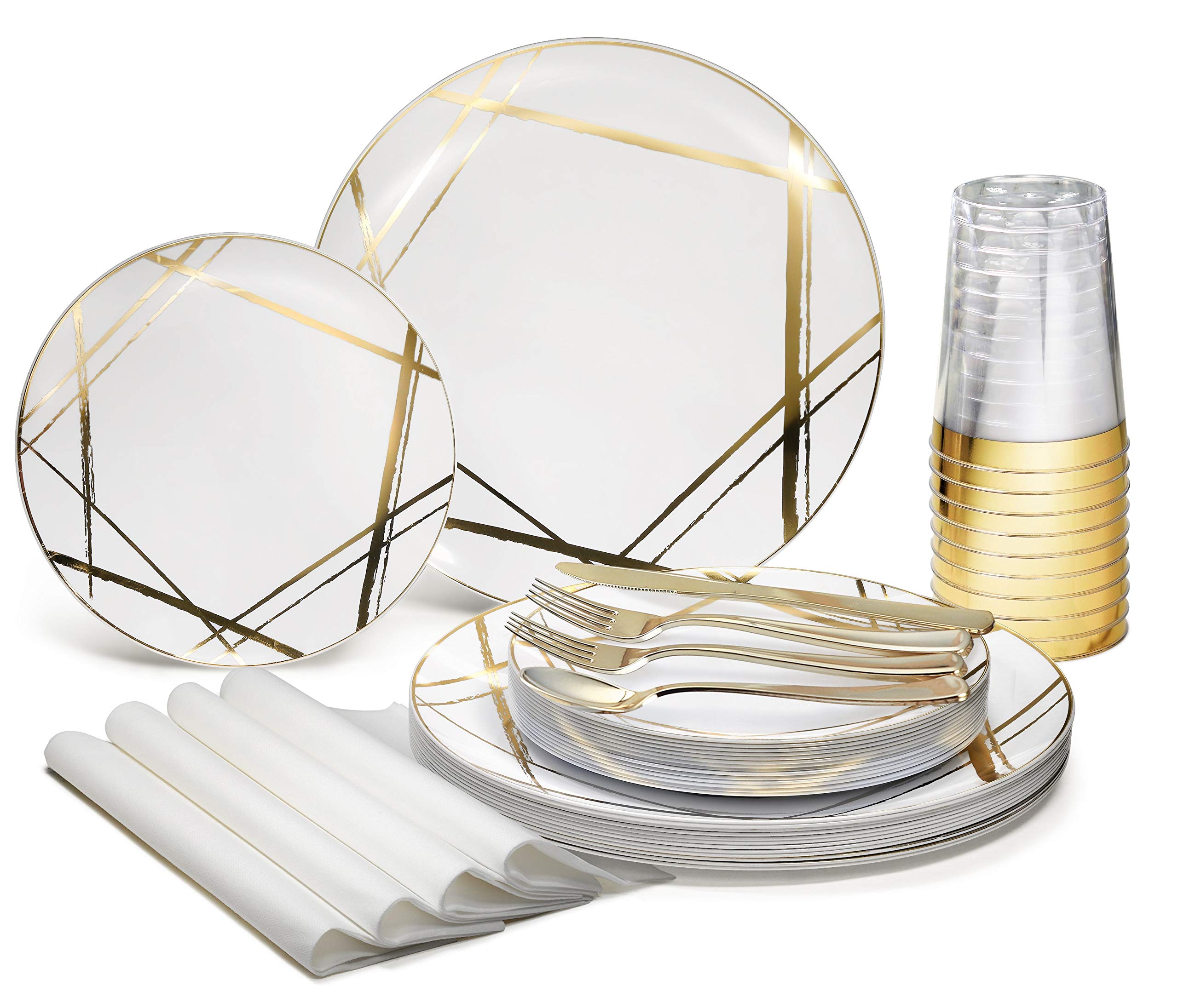 640-Piece Disposable Plastic Plate Set for 80 Guests - Wedding & Party Supplies (80 x 10.25'' Dinner Plates, 80 x 7.5'' Dessert Plates, Silverware, Cups, Napkins) - Monet White & Gold Design - Perfect for Weddings, Birthday Parties, and Special Events