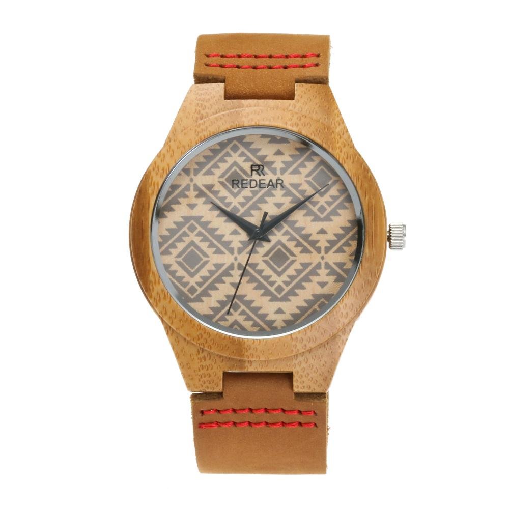 Men's Bamboo Wooden Watch - Brown Leather Strap, Quartz Movement for Outdoor & Casual Wear