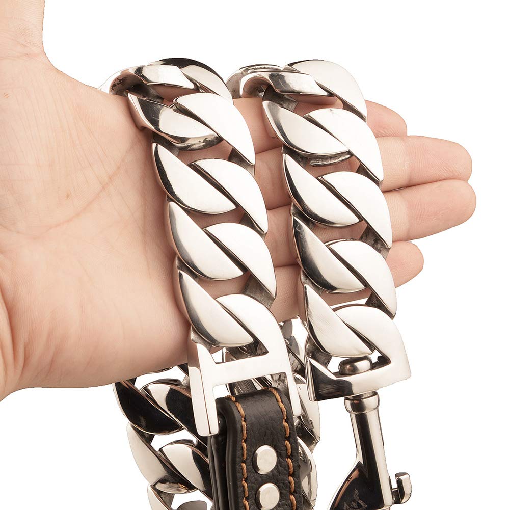 32MM Heavy Duty Dog Training Leash with Soft Padded Leather Handle & Gold Stainless Steel Chain - 90CM Strong Traction Lead Rope for Large Dogs - Perfect for Obedience Training, Walking, and Outdoor Adventures