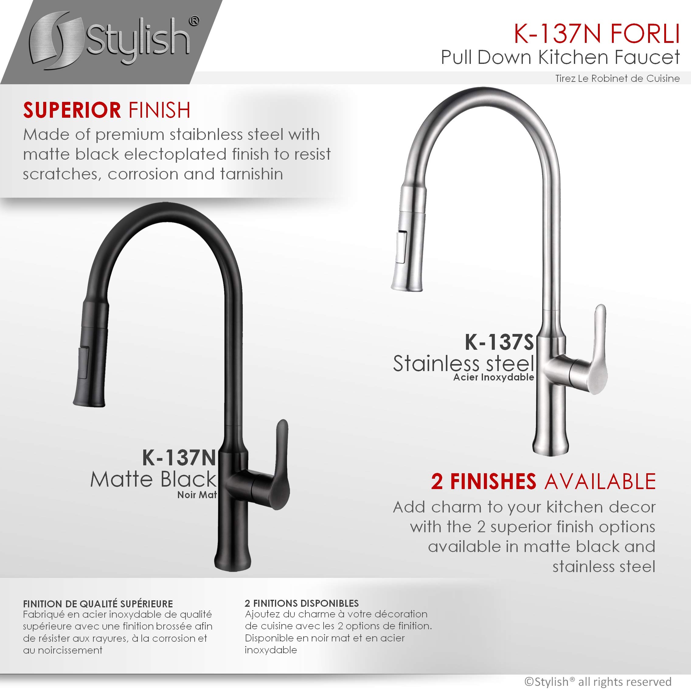 Stylish Matt Black Stainless Steel Kitchen Faucet with Pull Down Sprayer - 1 Lever Handle Dual Function Spout Mixer, Ceramic Cartridge & Aerator (Model K-137N) - Perfect for Modern Kitchens & Easy Dishwashing