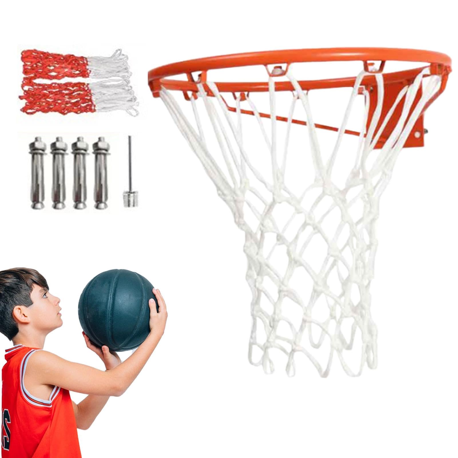 Heavy Duty Basketball Hoop & Rim Replacement - Wall Mounted Indoor/Outdoor Basketball Goal with Inflator Needle - Perfect for Driveway, Backyard, Gym & School Court Play