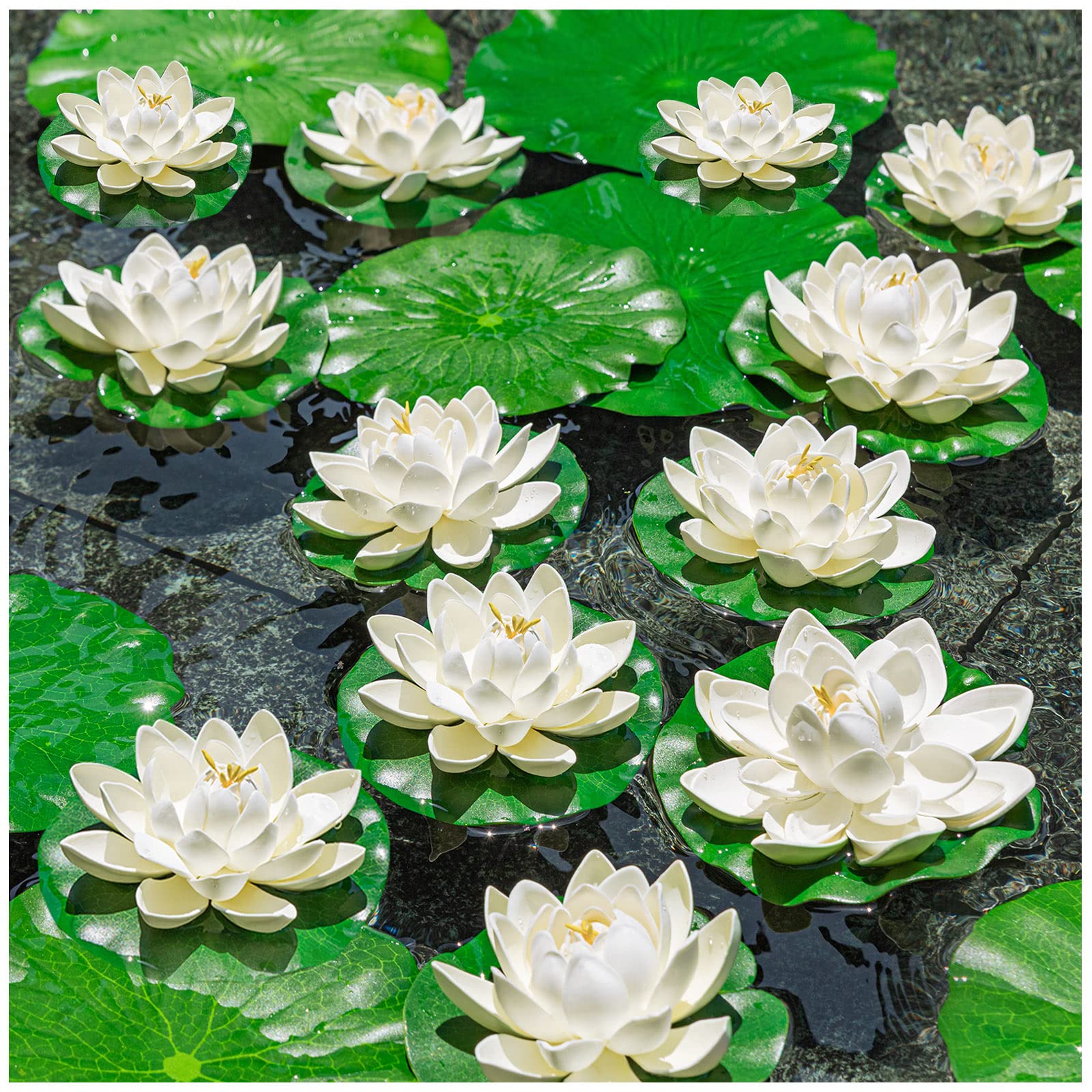 24PCS Floating Flowers for Pool - Ivory White Artificial Foam Lily Pads, Pond Decorations for Home Garden, Wedding, Party, Baby Shower & Photo Backdrop