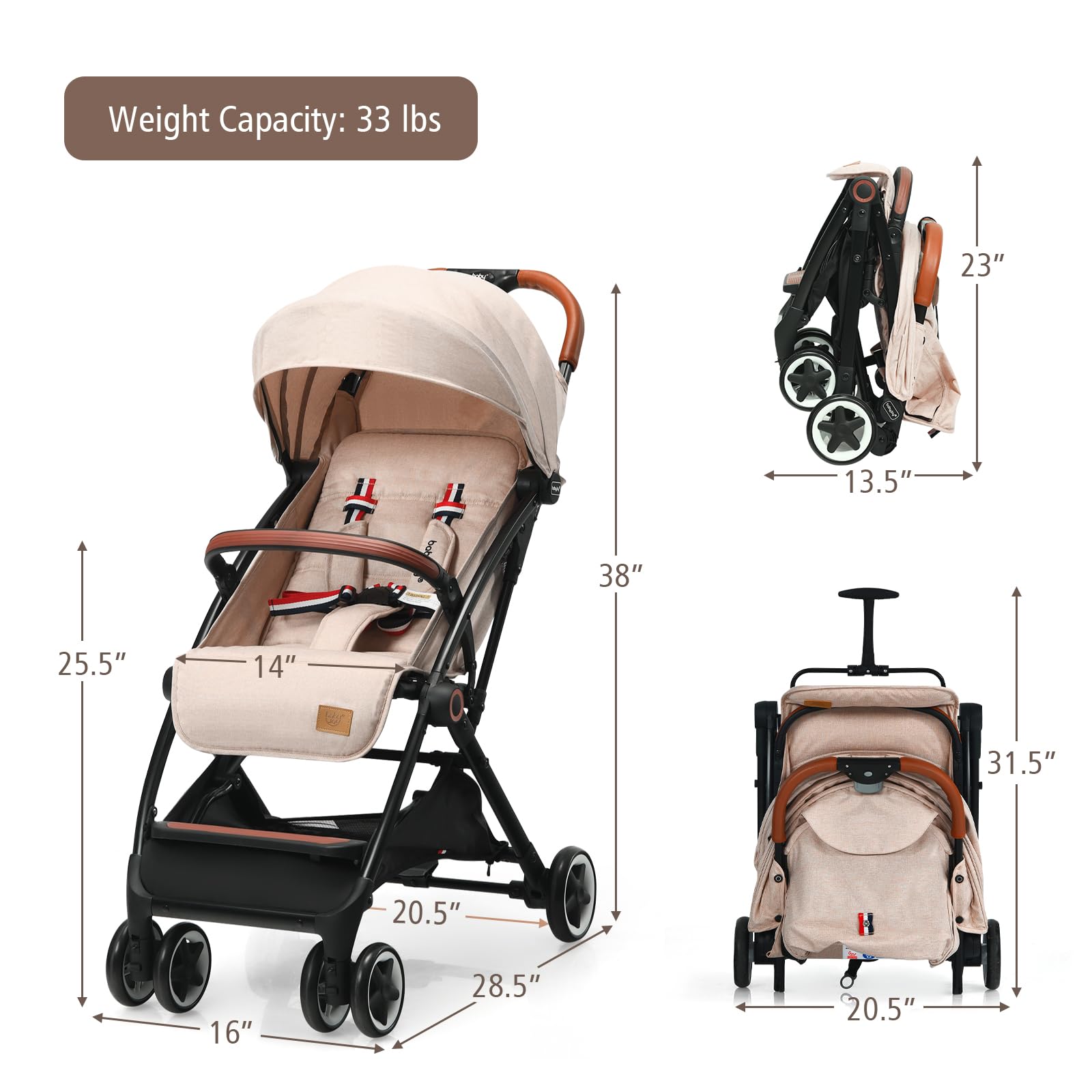 BABY JOY Lightweight Compact Baby Stroller for Travel - Airplane Approved Infant Stroller with 5-Point Safety Harness, Adjustable Backrest & Canopy, Storage Basket | Easy One-Hand Fold Beige Stroller for Newborns & Toddlers | Perfect for Air Travel, Shopping & Daily Walks