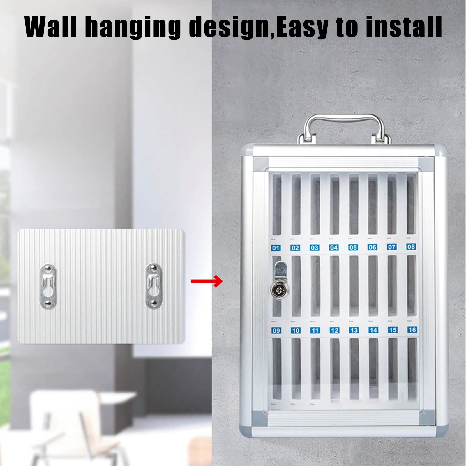 Aluminum Alloy Wall-Mounted Phone Storage Cabinet with Lock - Silver 48 Pocket Organizer for Cell Phones | Perfect for Schools, Offices & Homes - Secure Student & Staff Mobile Device Storage Solution