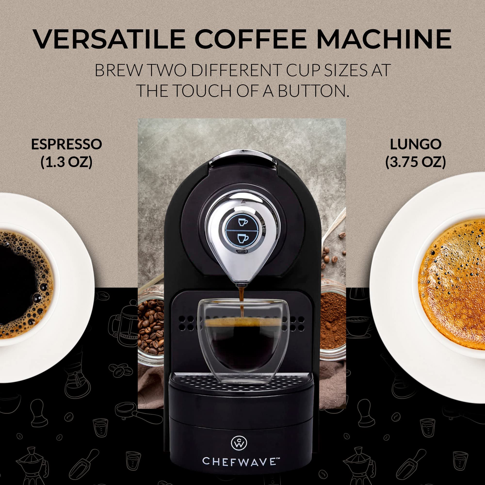 ChefWave Espresso Machine & Coffee Maker with 20 Bar Pump - Compatible with Nespresso Capsules, Programmable One-Touch Operation, Includes Pod Holder & Glasses (Black) - Perfect for Home, Office & Coffee Shops