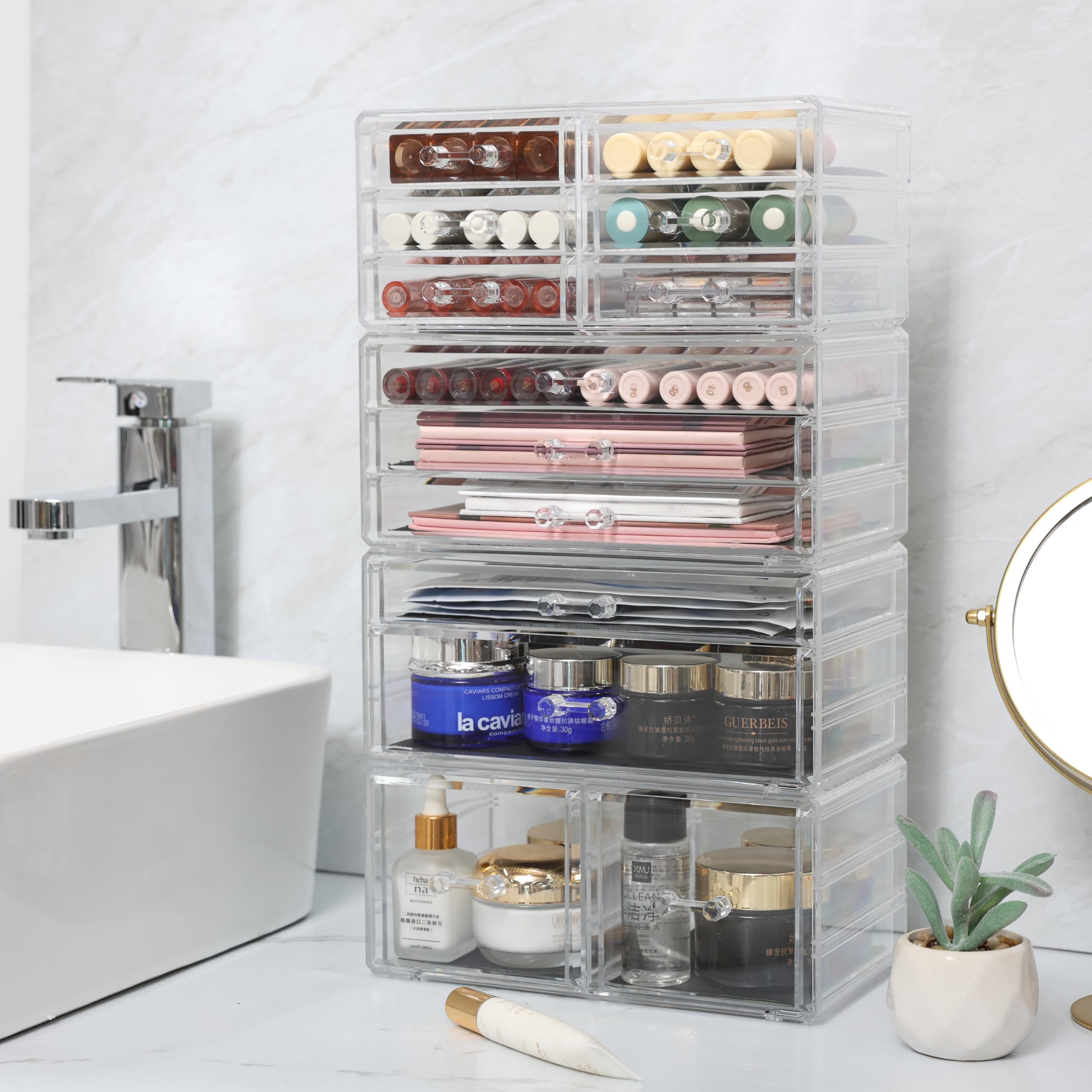 4-Pack Clear Acrylic Drawer Organizer - Stackable 13-Drawer Makeup Storage Cube for Dresser, Hair Clips & Beauty Products - Perfect for Vanity, Bathroom & Desk Organization (13.5